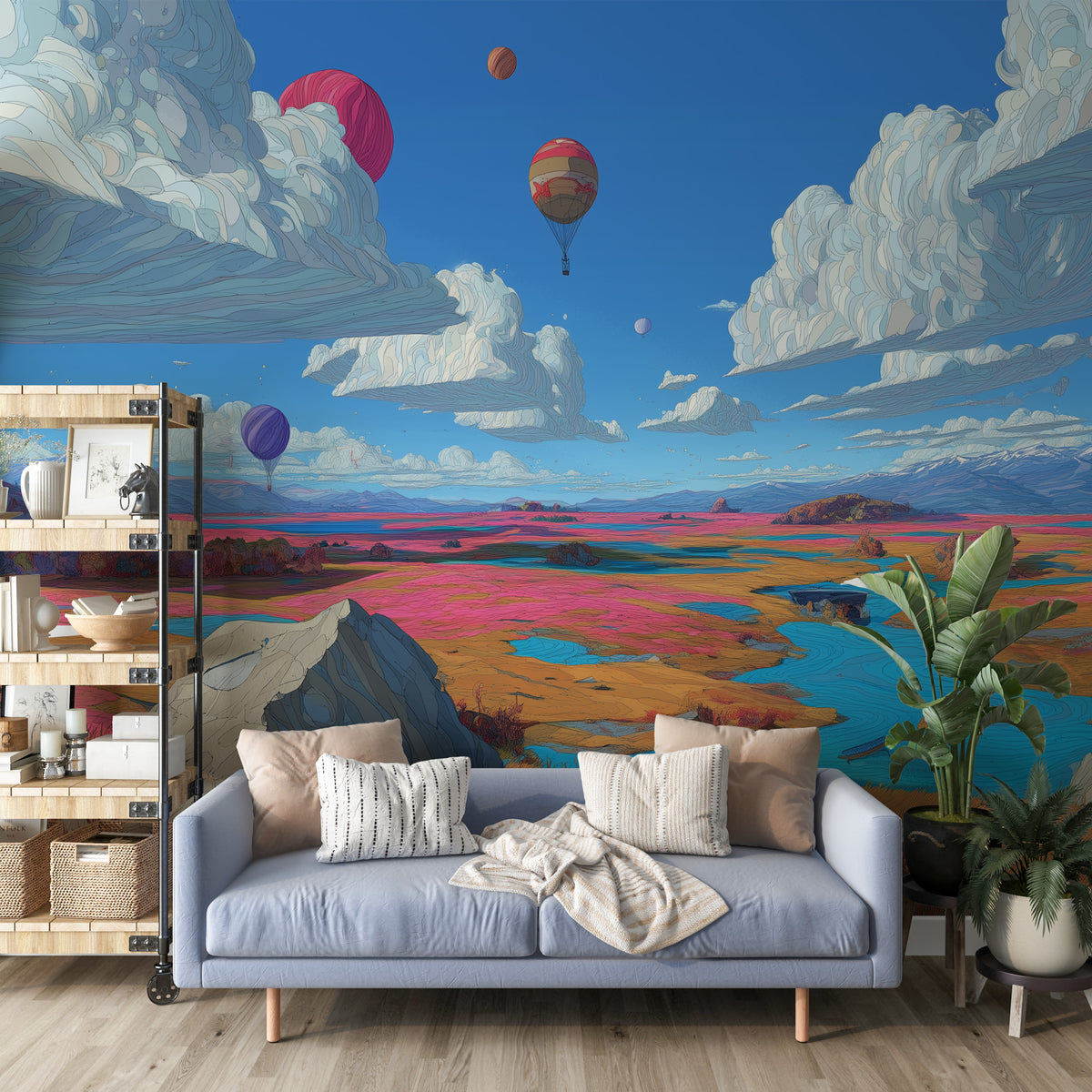Surreal Wall Mural - Hot Air Balloon Art | Colorful Landscape, Blue River, Pink Orange Fields, Dream Clouds, Peel and Stick Fantasy Wall Art