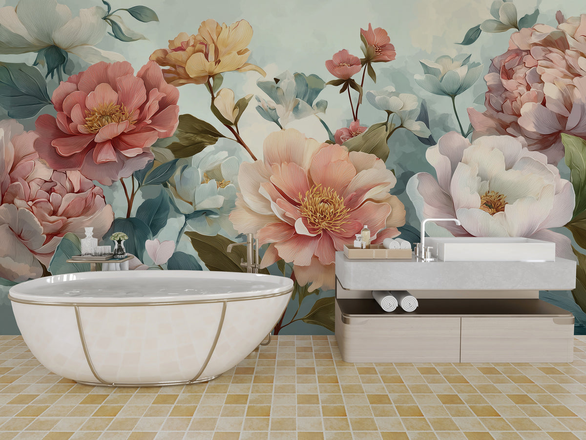 Peony Wall Mural - Pastel Floral Art | Pink Green Decor, Large Peonies, Elegant Botanicals, Peel and Stick Mural, Romantic Floral Wall Decor