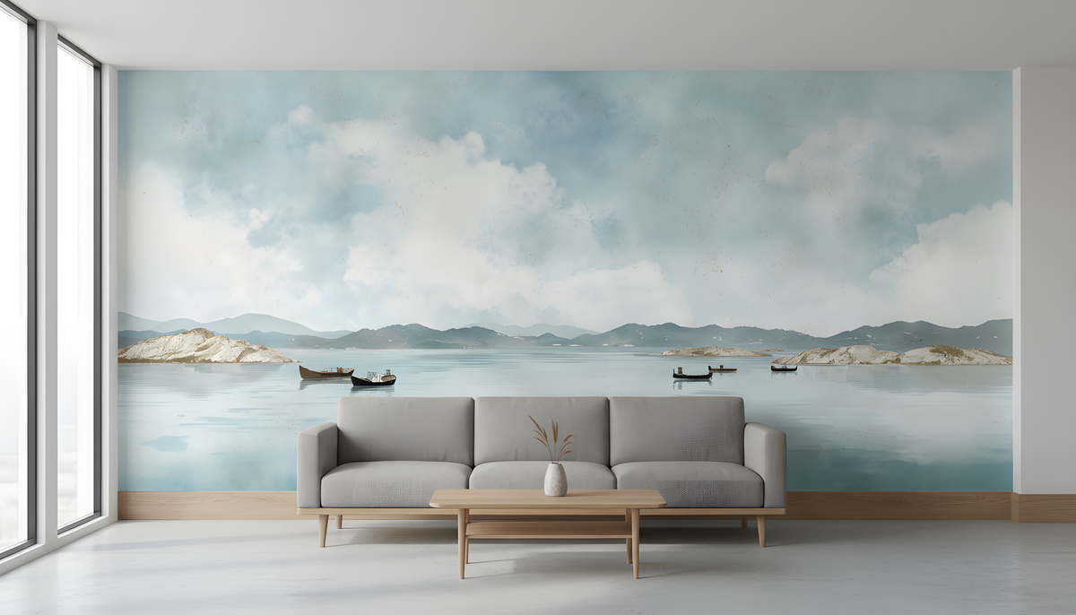 Coastal Wall Mural - Watercolor Mural | Ocean Landscape - Blue Seascape with Boats Mountains and Soft Horizon Peel and Stick Mural