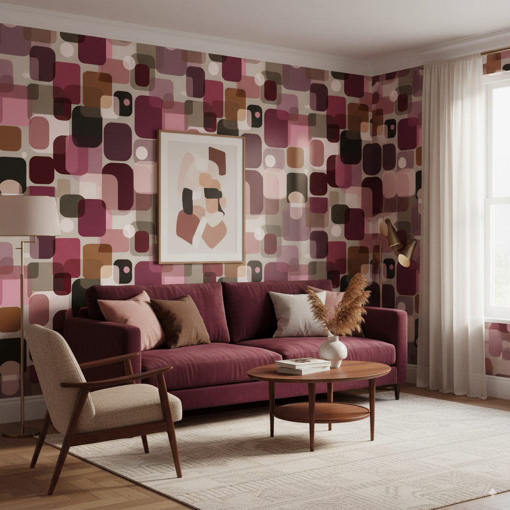 Retro Wallpaper - Geometric Wallpaper | Retro Geometric - Burgundy Pink Beige Rounded Rectangle Peel and Stick Wallpaper