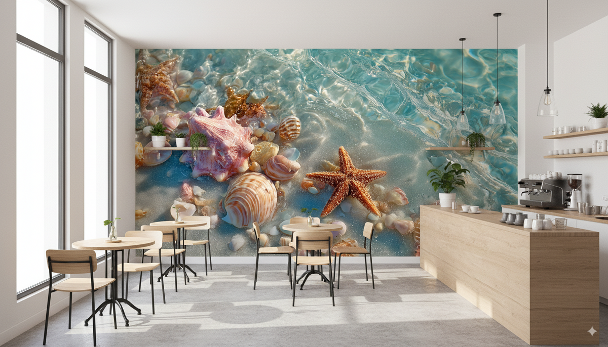 Seashell Wall Mural - Starfish Beach Art | Coastal Bathroom - Ocean Waves, Pink Shells, Sandy Shore, Removable Peel and Stick Beach Decor 2.