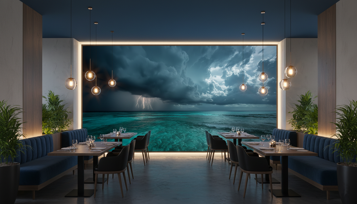 Tropical Storm Wall Mural | Lightning Over Turquoise Ocean, Moody Coastal Peel and Stick Mural, Dramatic Beach Wall Decor