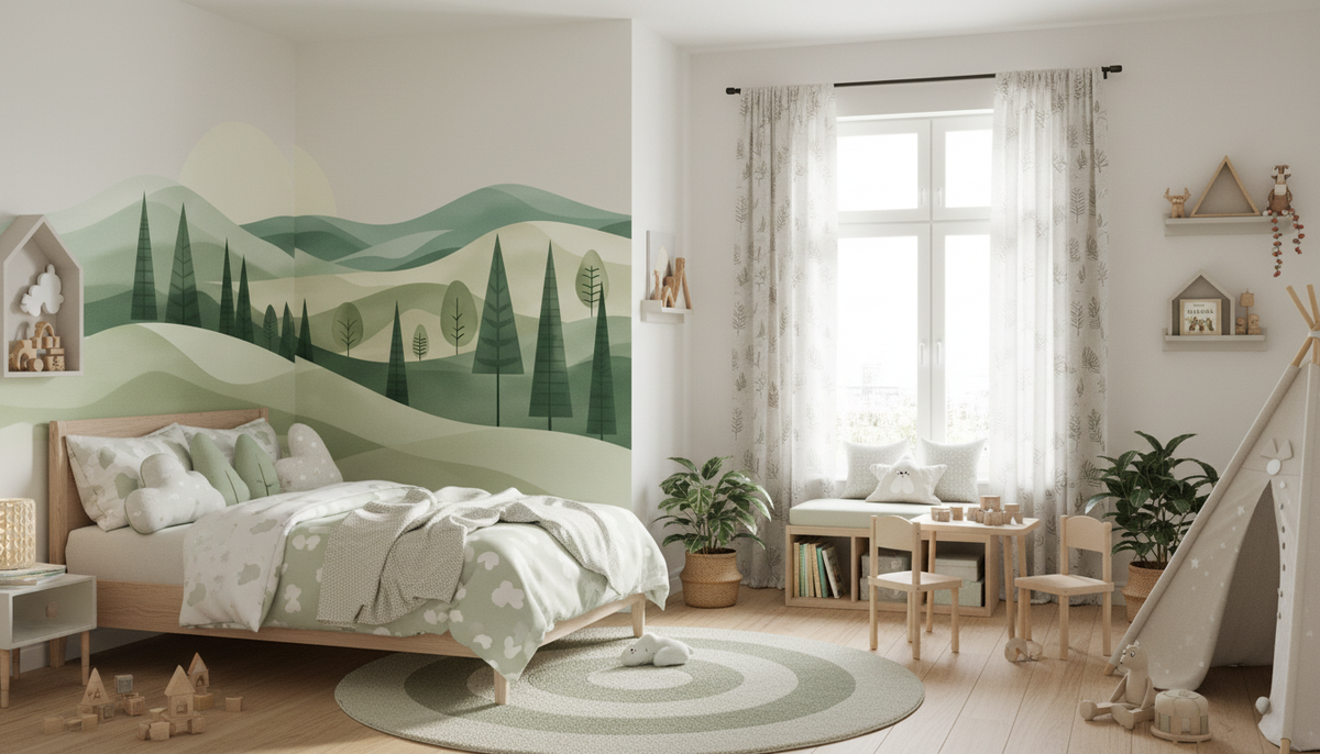 Mid Century Modern Landscape Wall Mural | Abstract Green Hills and Trees, Minimalist Nature Peel and Stick Mural, Bedroom Living Room Decor