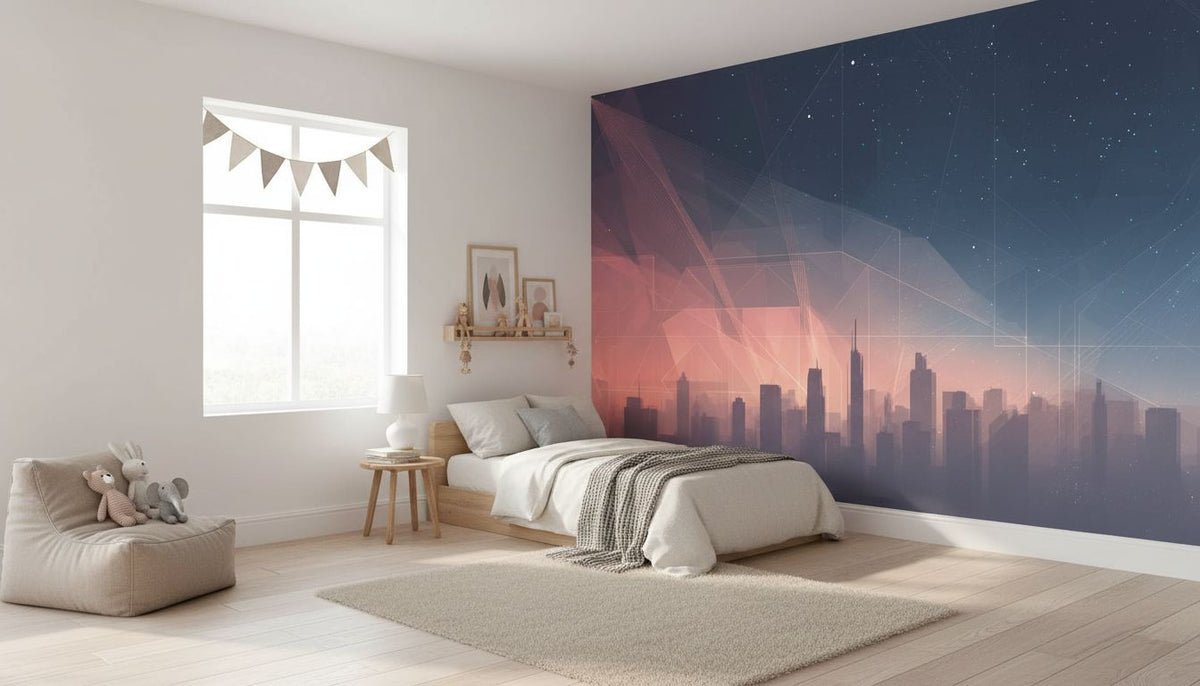 Cosmic Cityscape Wall Mural | Navy Blue Pink Futuristic Skyline, Starry Sky Neon Line Peel and Stick Mural, Modern Bedroom Office Decor