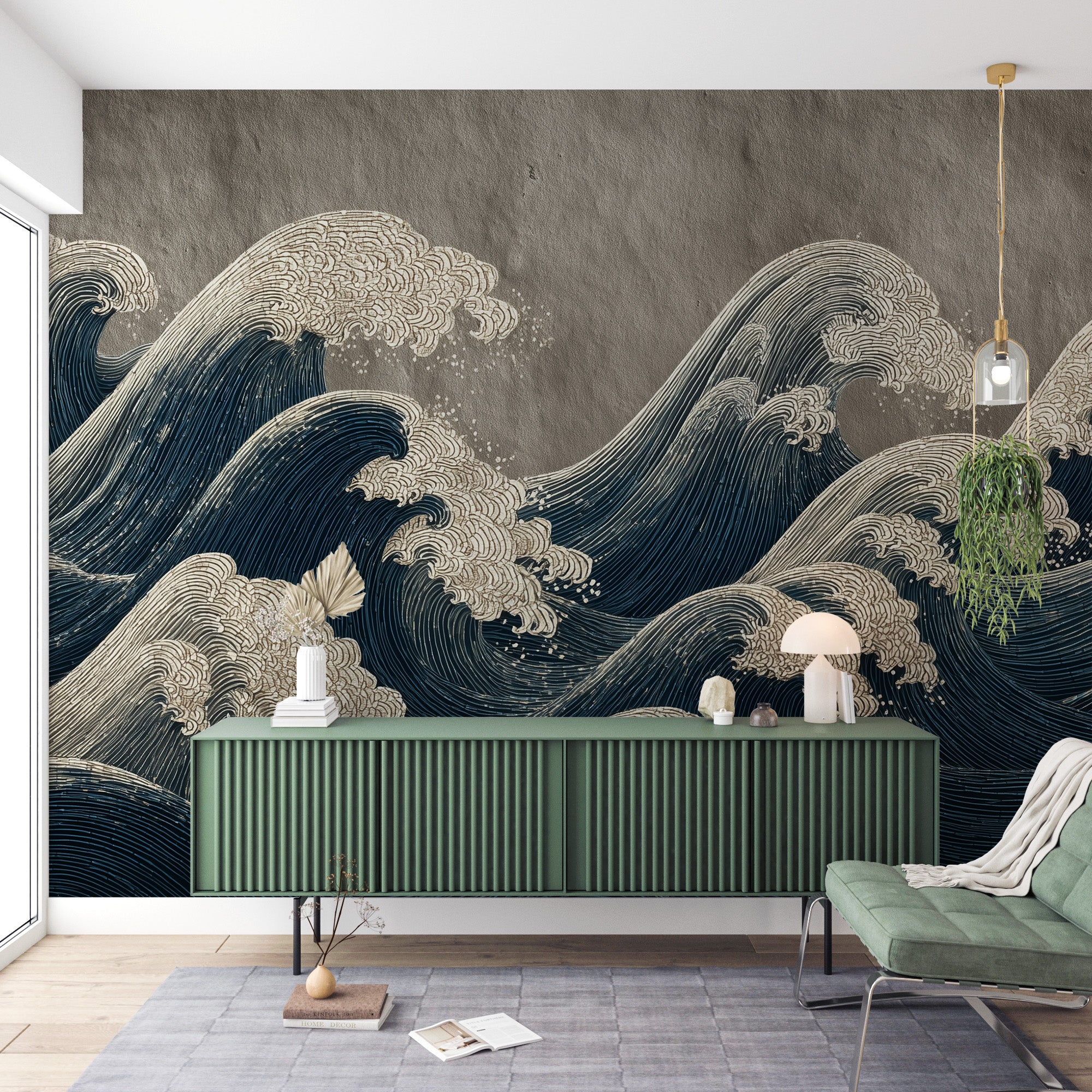 Japanese ocean waves mural in navy blue and cream, bold wall art in a living room with green console and modern decor