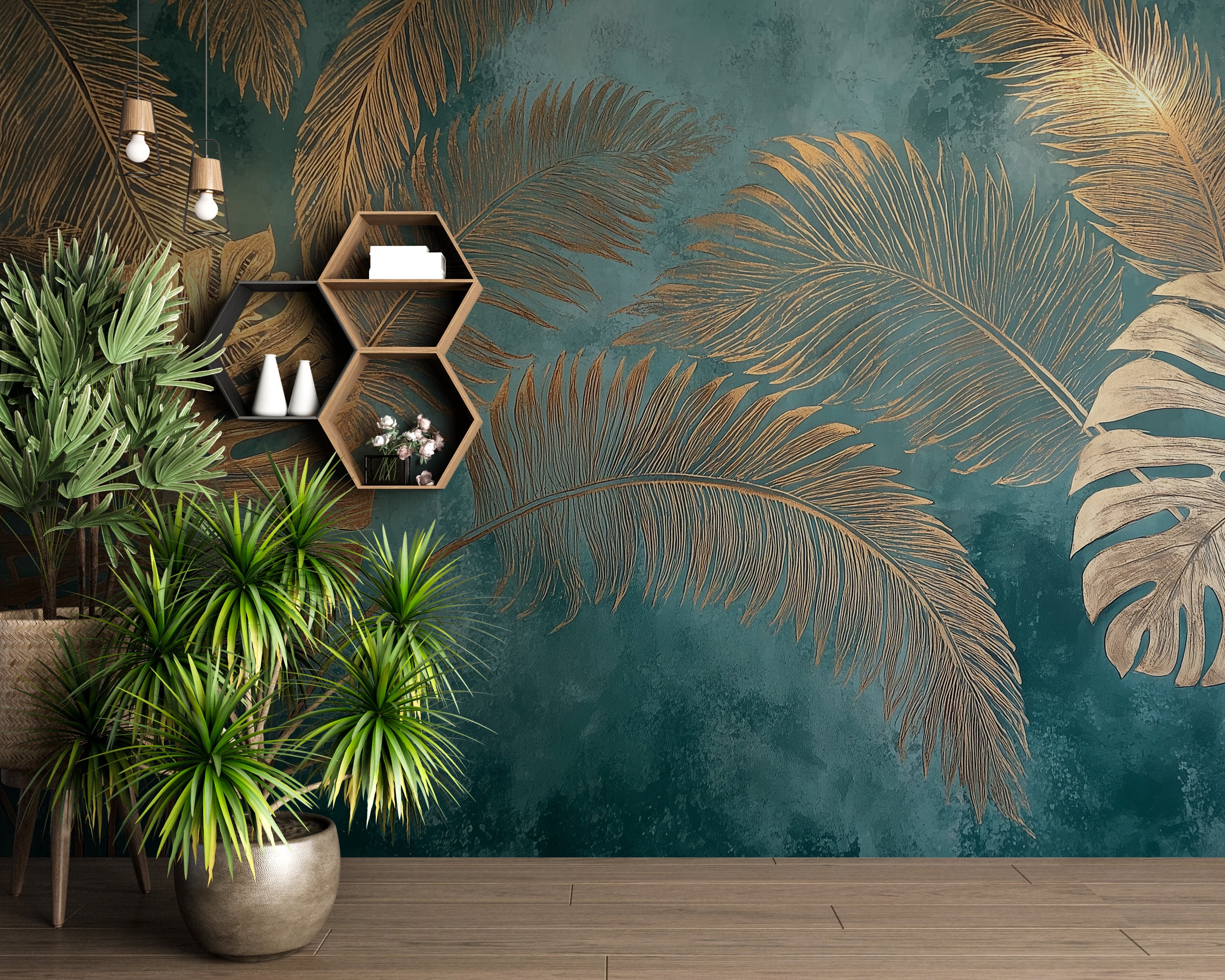 Tropical palm leaves mural with gold fronds on teal watercolor backdrop in a stylish living room setting with greenery