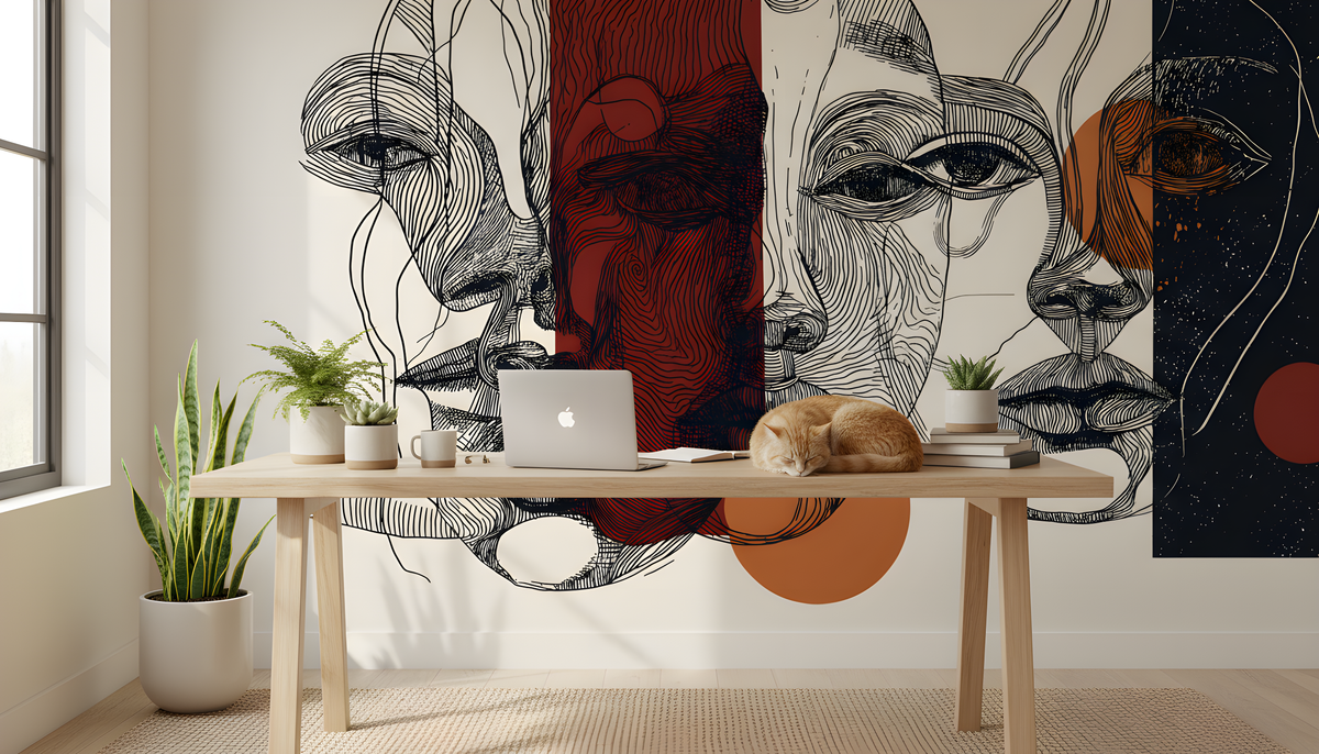 Abstract Faces Wall Mural | Black Rust Beige Line Art Portraits, Modern Geometric Peel and Stick Mural, Contemporary Living Room Decor