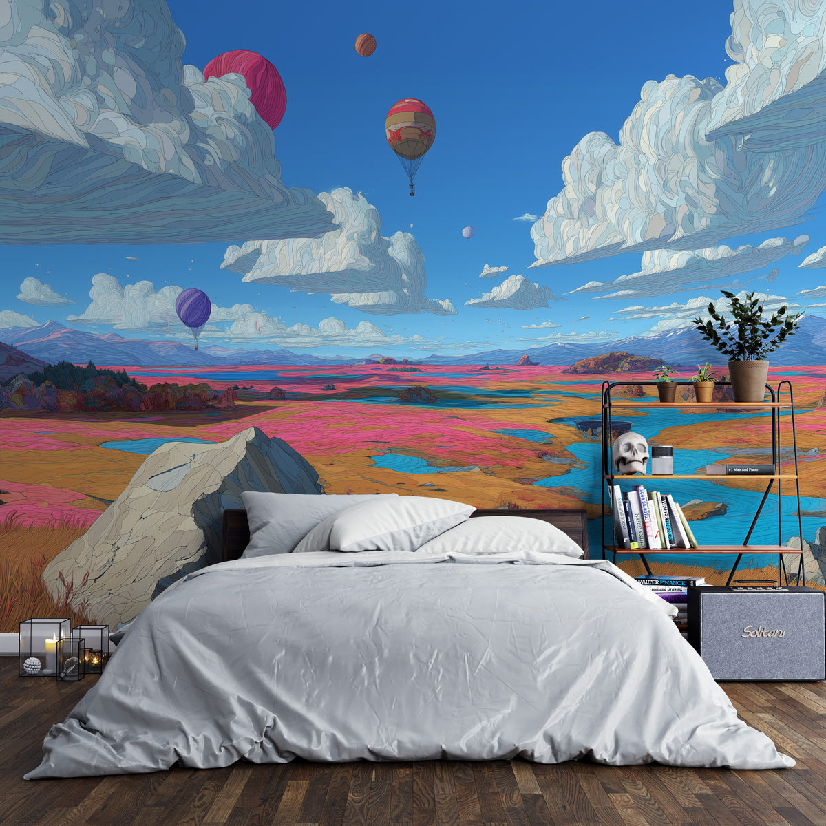 Surreal Wall Mural - Hot Air Balloon Art | Colorful Landscape, Blue River, Pink Orange Fields, Dream Clouds, Peel and Stick Fantasy Wall Art