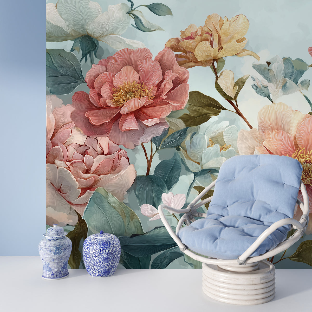 Peony Wall Mural - Pastel Floral Art | Pink Green Decor, Large Peonies, Elegant Botanicals, Peel and Stick Mural, Romantic Floral Wall Decor