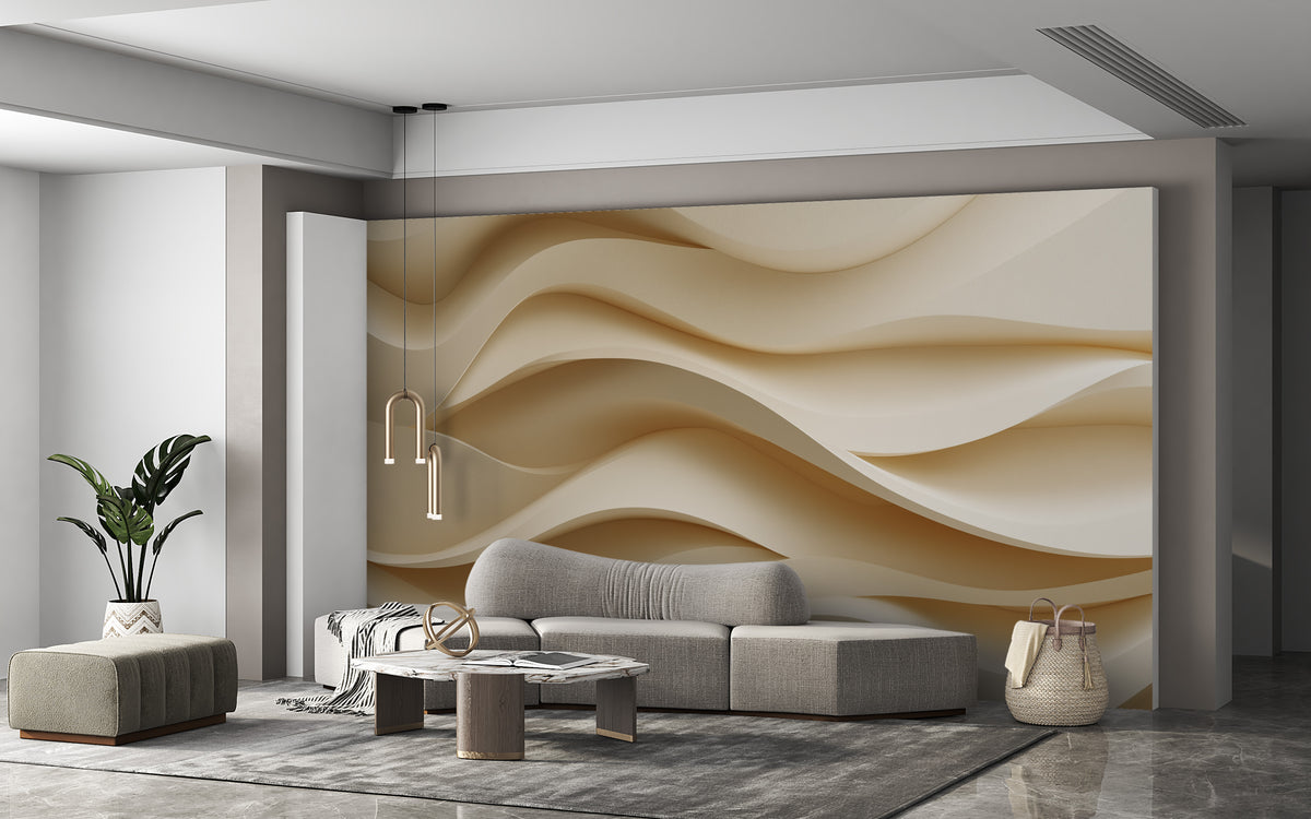 Beige Wall Mural - Abstract Wave Art | Neutral Wall Decor - Textured 3D Waves, Minimalist Organic Modern Peel and Stick Mural, Cream Decor