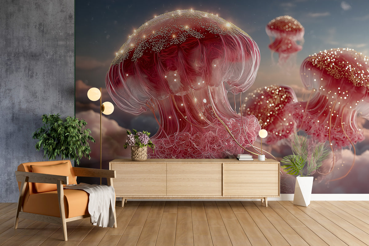 Surreal Jellyfish - Pink Dreamscape | Fantasy Wall Decor - Floating Jellyfish, Gold Sparkles, Cloudscape, Peel and Stick Bedroom Wall Mural