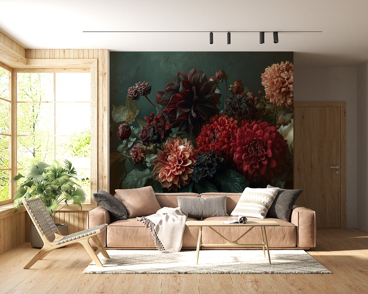 Dark Floral Mural - Dahlia Wall Mural | Moody Floral - Burgundy Red Dahlias and Cream Roses Botanical Peel and Stick Mural