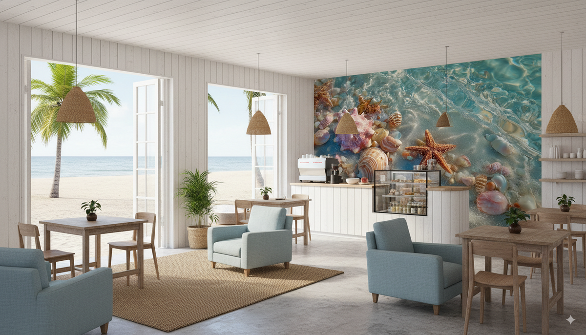 Seashell Wall Mural - Starfish Beach Art | Coastal Bathroom - Ocean Waves, Pink Shells, Sandy Shore, Removable Peel and Stick Beach Decor 2.
