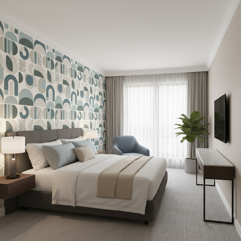 Scandinavian Geometric Wallpaper | Soft Blue Taupe Arches and Circles, Mid Century Peel and Stick Wallpaper, Minimalist Bedroom Decor