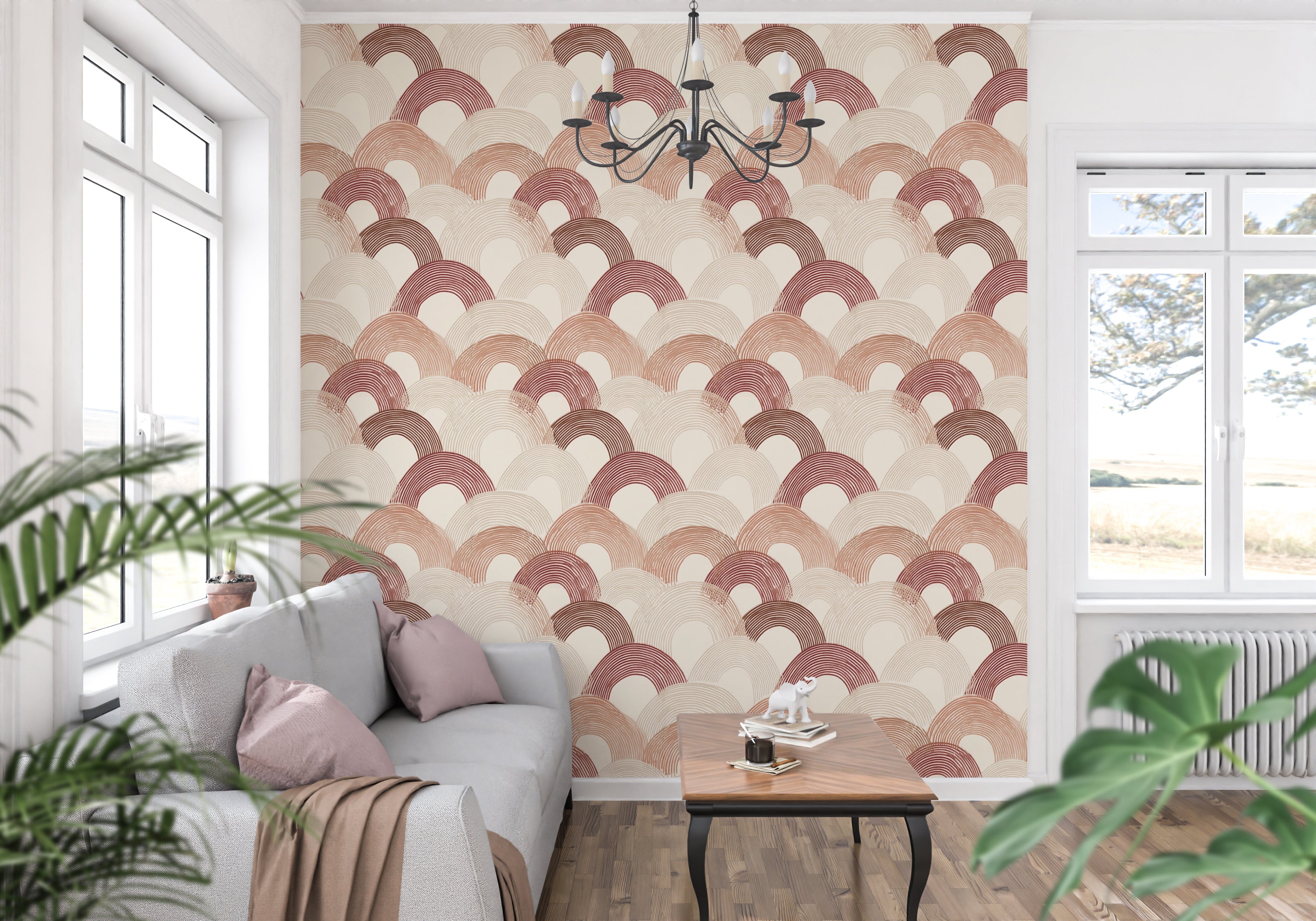 Living room with geometric patterned wallpaper, white sofa, and decorative elements.