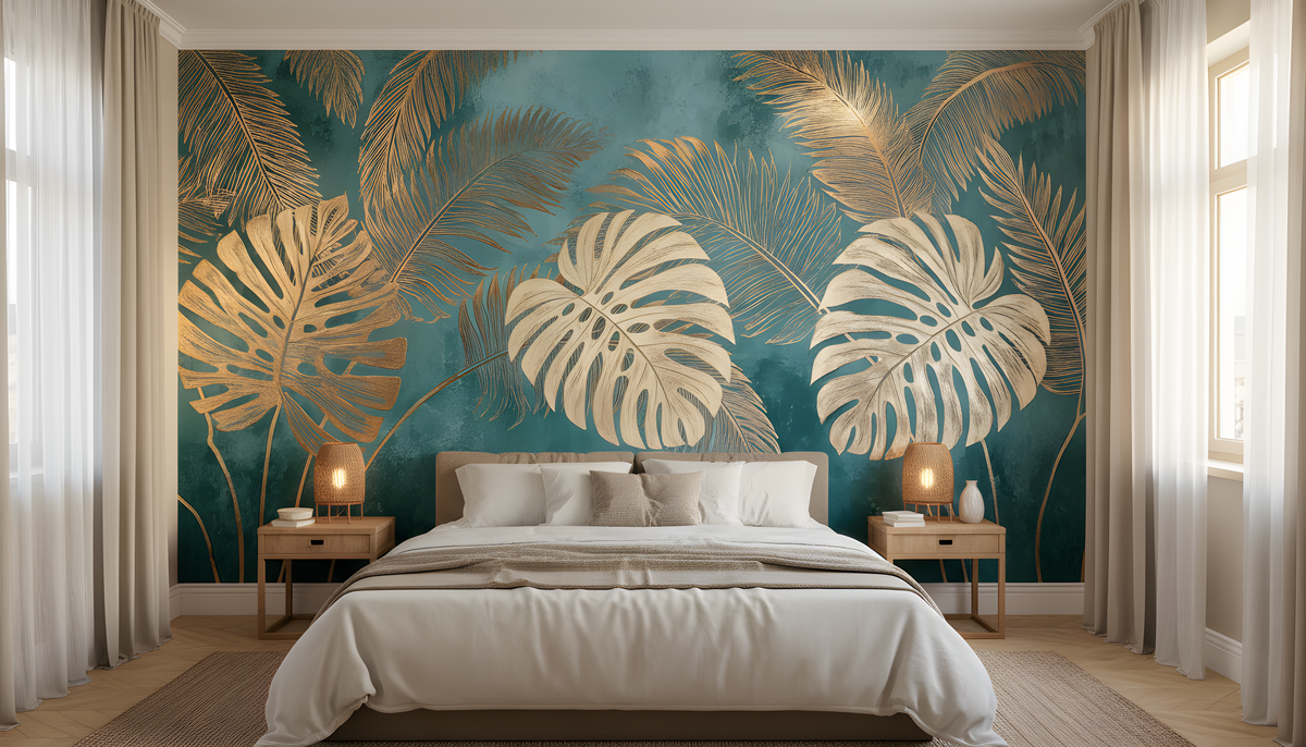 Tropical Wall Mural - Palm Leaf Mural | Gold Palm Mural - Teal Botanical Monstera and Palm Leaves Peel and Stick Mural