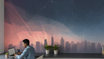 Cosmic Cityscape Wall Mural | Navy Blue Pink Futuristic Skyline, Starry Sky Neon Line Peel and Stick Mural, Modern Bedroom Office Decor
