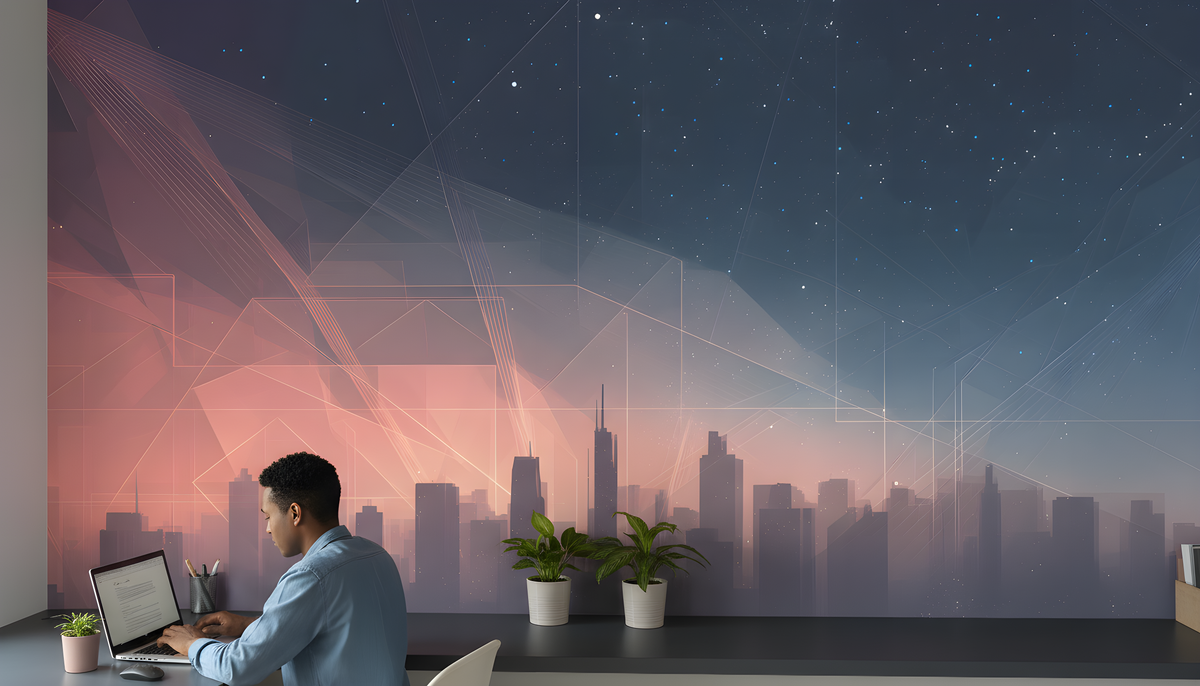 Cosmic Cityscape Wall Mural | Navy Blue Pink Futuristic Skyline, Starry Sky Neon Line Peel and Stick Mural, Modern Bedroom Office Decor