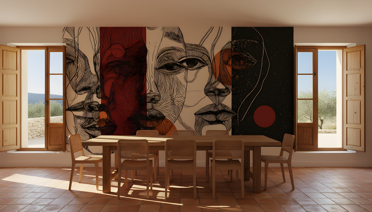 Abstract Faces Wall Mural | Black Rust Beige Line Art Portraits, Modern Geometric Peel and Stick Mural, Contemporary Living Room Decor