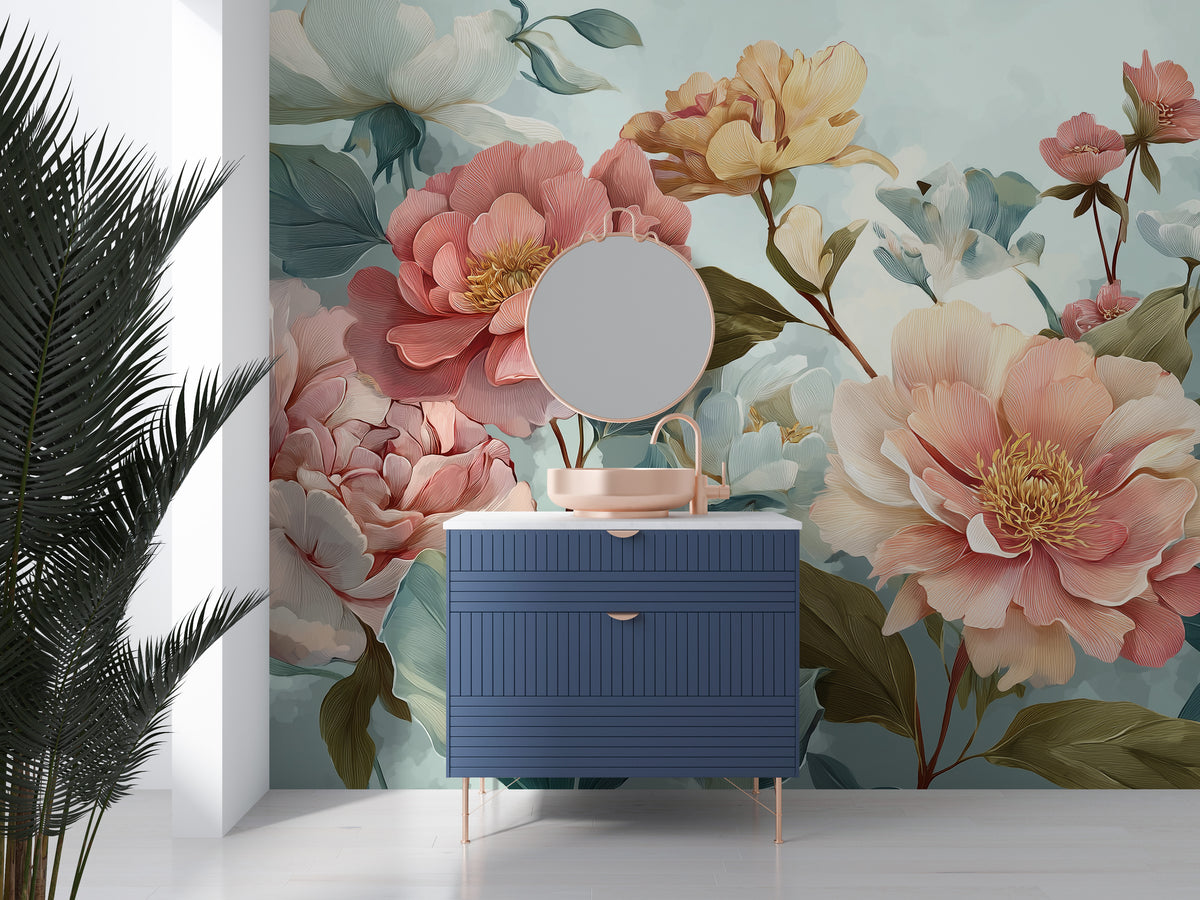 Peony Wall Mural - Pastel Floral Art | Pink Green Decor, Large Peonies, Elegant Botanicals, Peel and Stick Mural, Romantic Floral Wall Decor