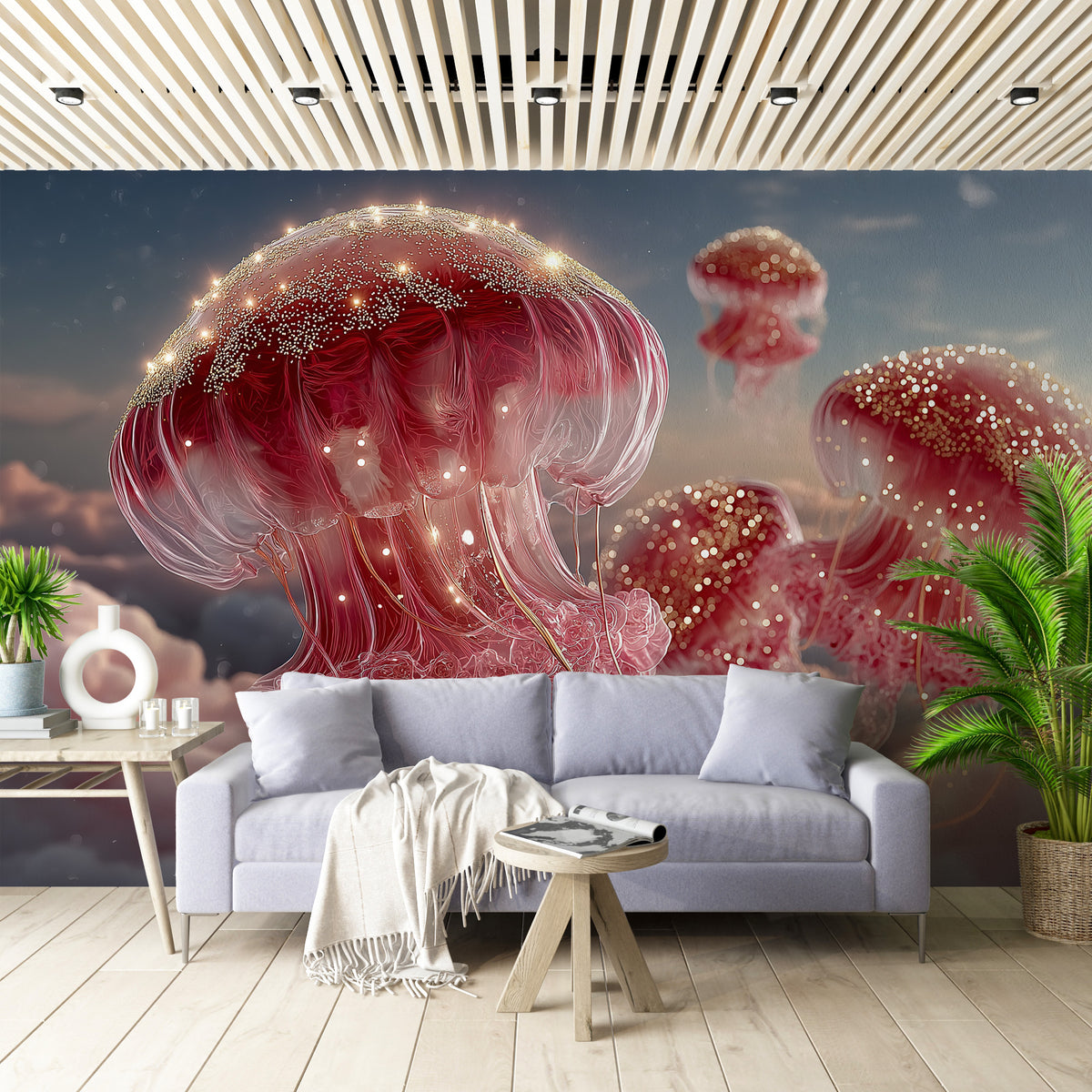 Surreal Jellyfish - Pink Dreamscape | Fantasy Wall Decor - Floating Jellyfish, Gold Sparkles, Cloudscape, Peel and Stick Bedroom Wall Mural