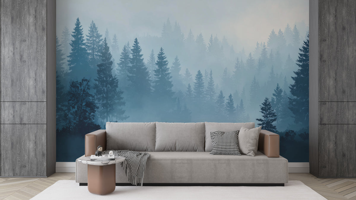 Forest Wall Mural - Misty Forest Mural | Deer Wall Mural - Blue Woodland Pine Landscape with Deer Silhouettes Peel and Stick Mural