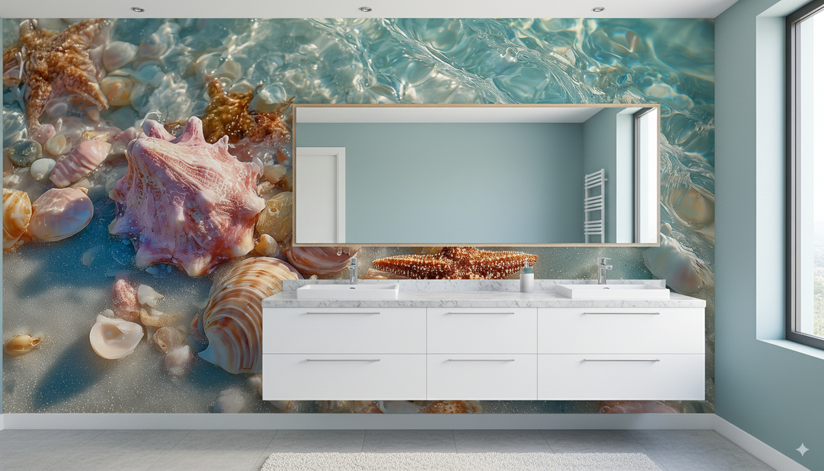 Seashell Wall Mural - Starfish Beach Art | Coastal Bathroom - Ocean Waves, Pink Shells, Sandy Shore, Removable Peel and Stick Beach Decor 2.