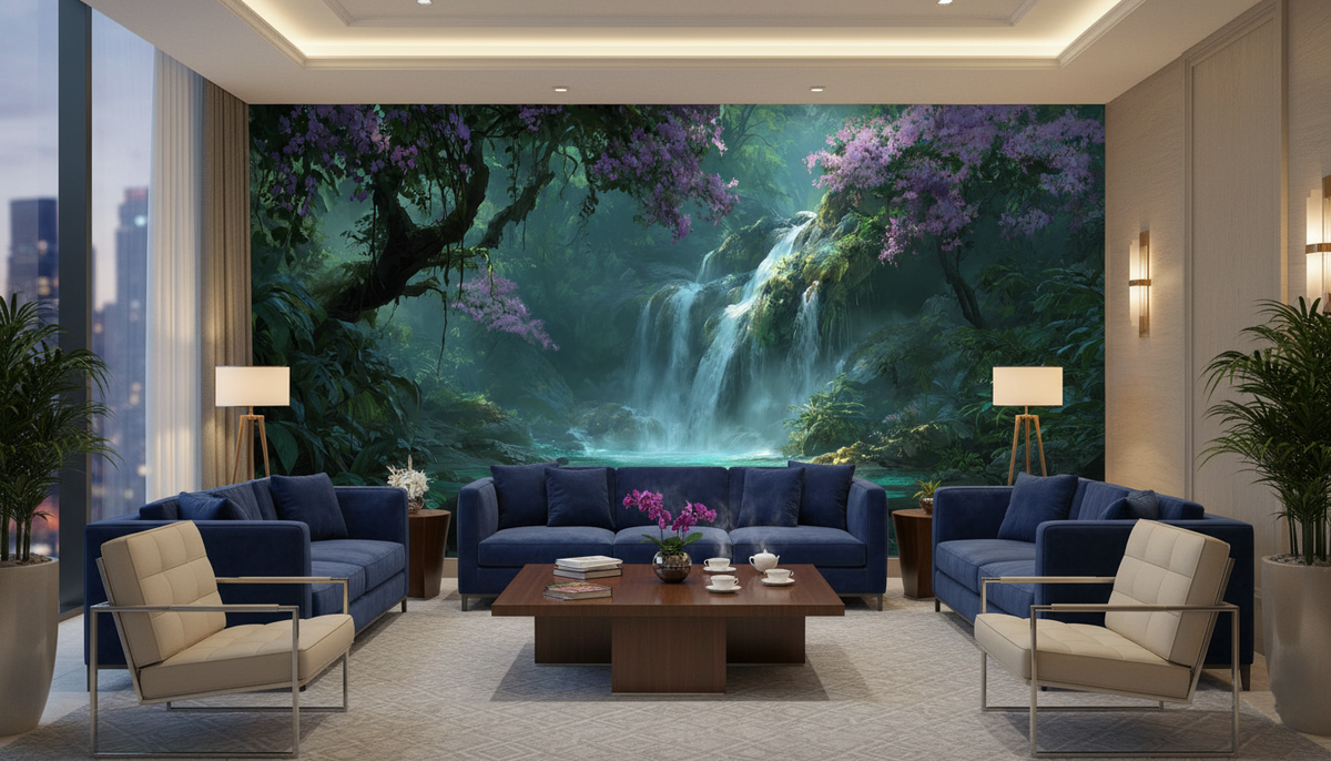 Tropical Jungle Waterfall Wall Mural | Emerald Lagoon, Purple Flowers, Moody Rainforest Peel and Stick Mural, Bedroom Bathroom Living Room Decor