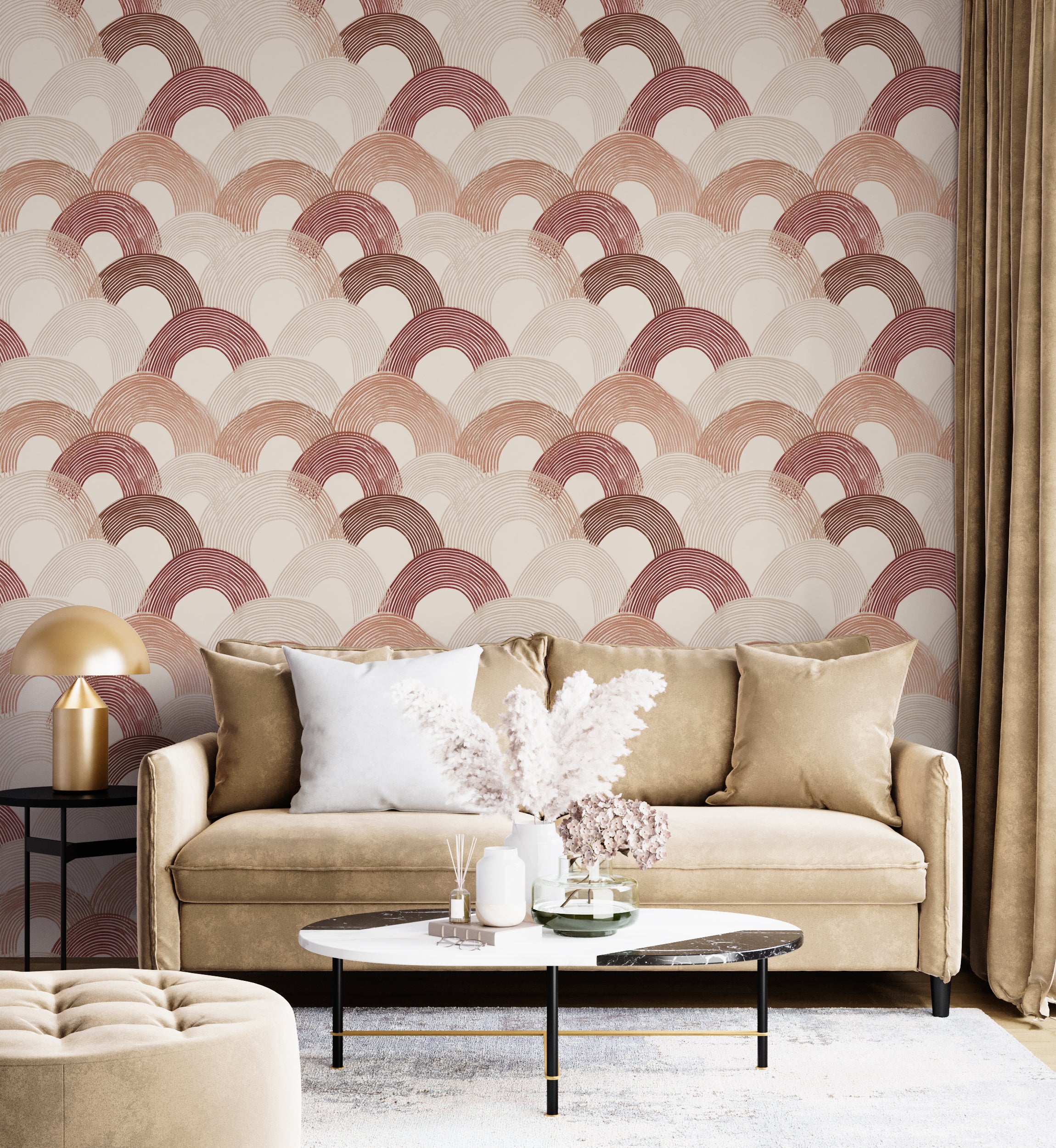 Living room with a beige sofa against a wall with geometric patterned wallpaper.