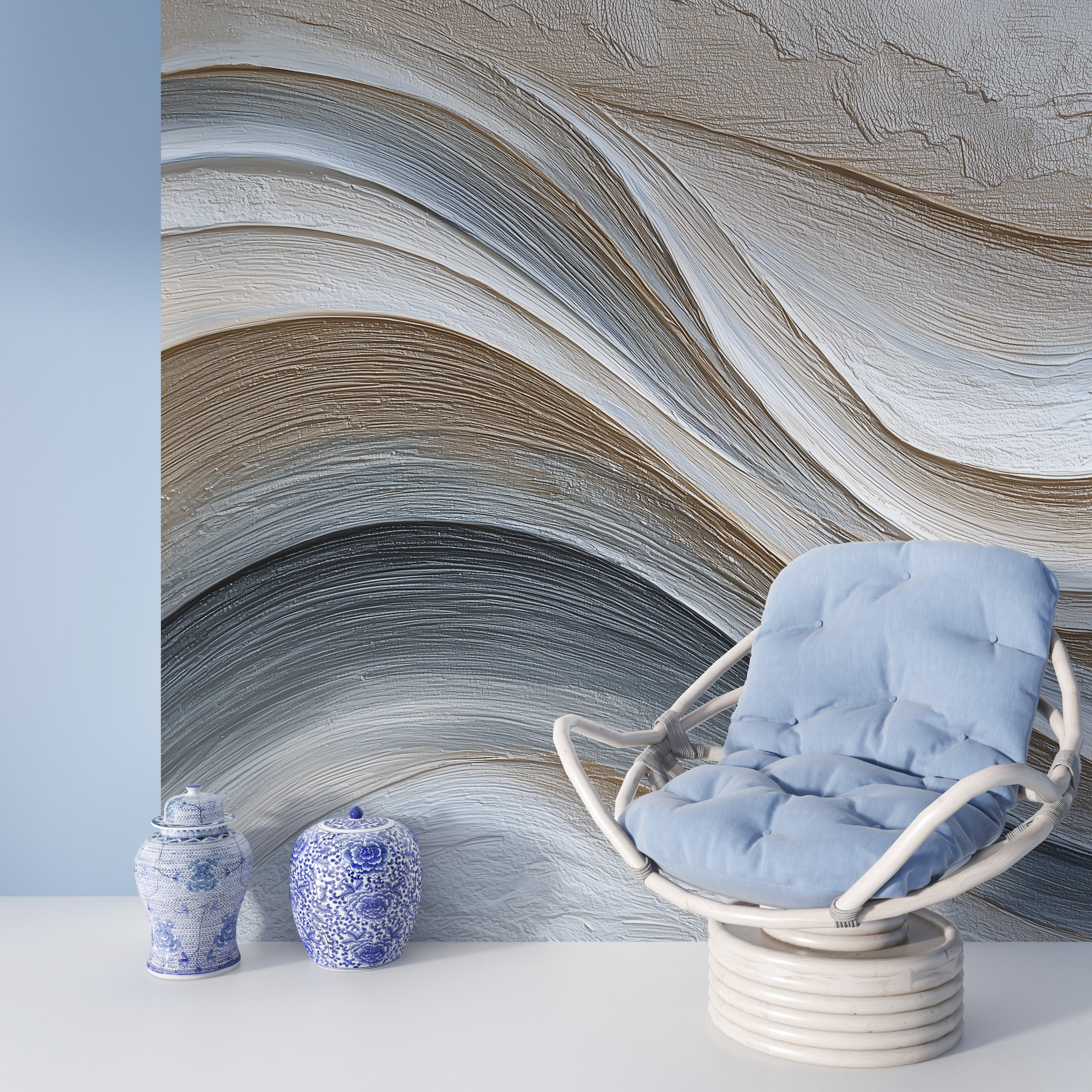 Abstract flowing waves mural in grey beige tones with a light blue chair and blue porcelain jars in a modern living space