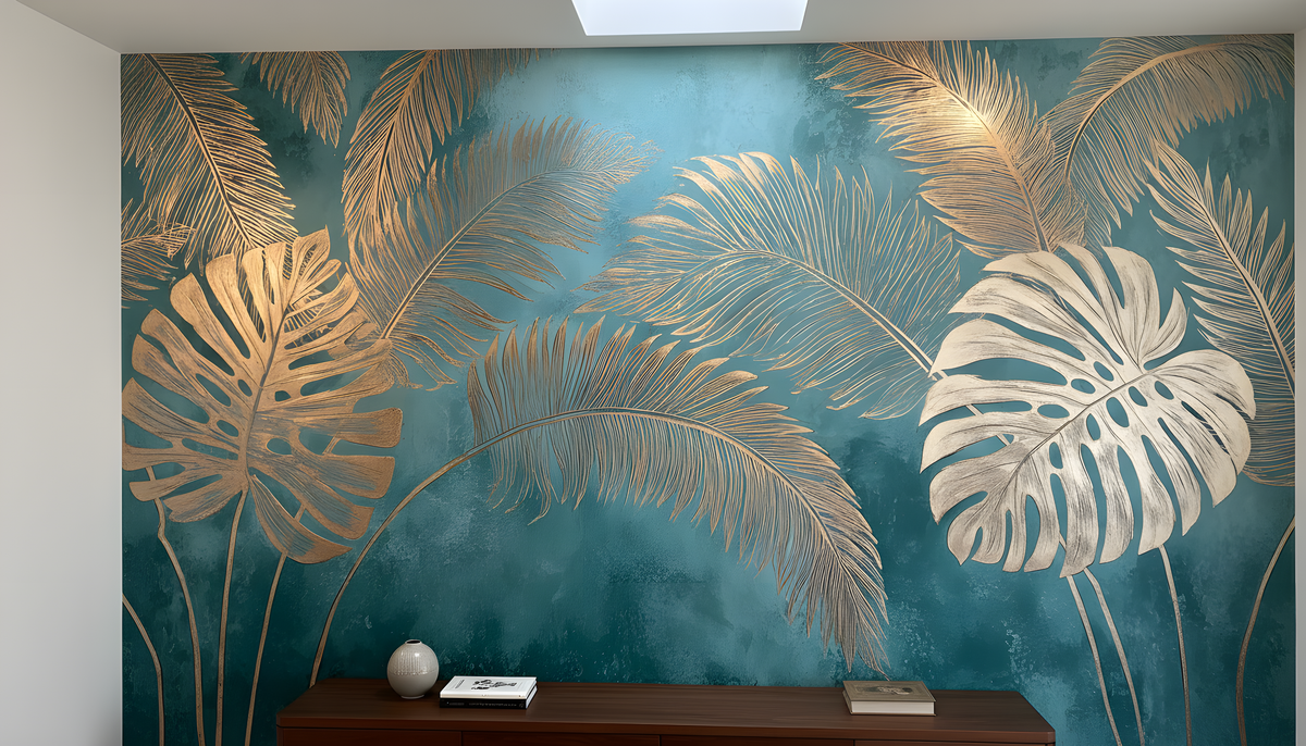 Tropical Wall Mural - Palm Leaf Mural | Gold Palm Mural - Teal Botanical Monstera and Palm Leaves Peel and Stick Mural