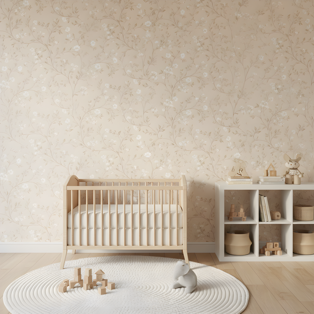 Beige Floral Wallpaper | Delicate White Flower Vine Pattern, Neutral Botanical Peel and Stick Wallpaper, Vintage Bedroom Decor