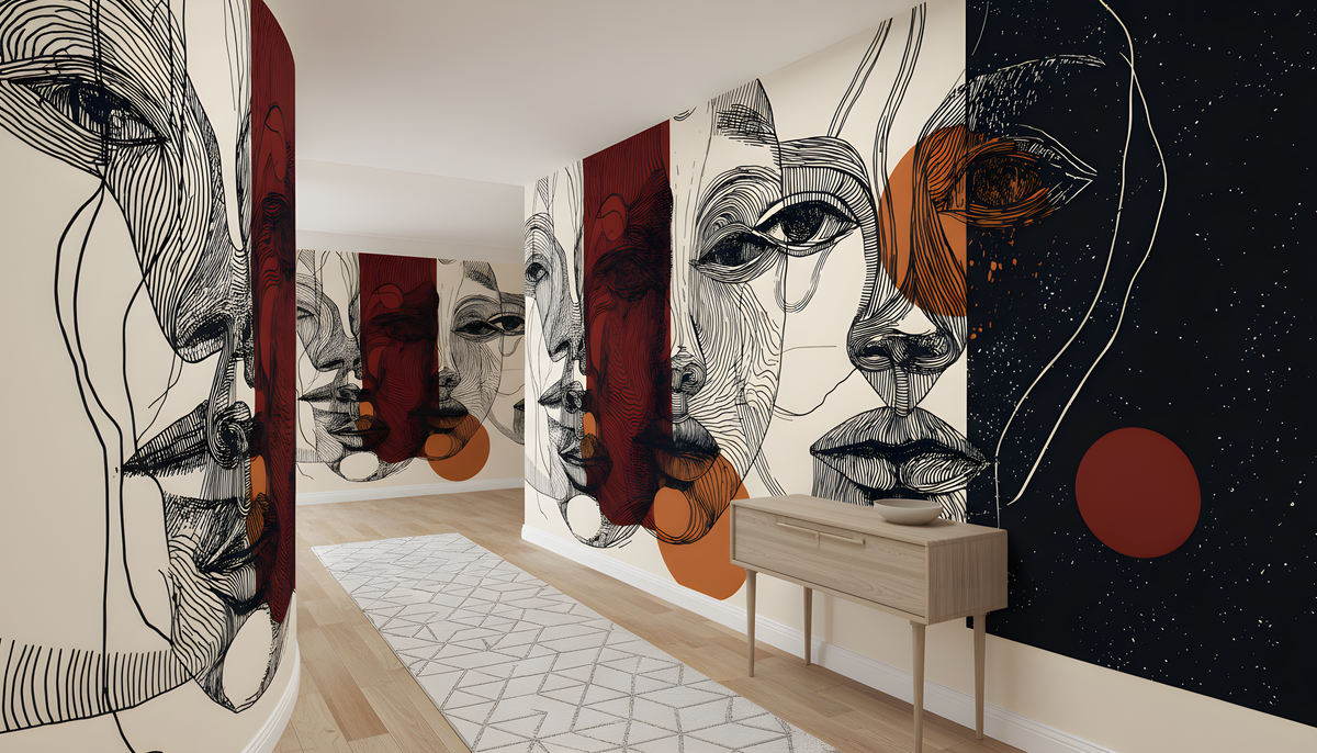 Abstract Faces Wall Mural | Black Rust Beige Line Art Portraits, Modern Geometric Peel and Stick Mural, Contemporary Living Room Decor