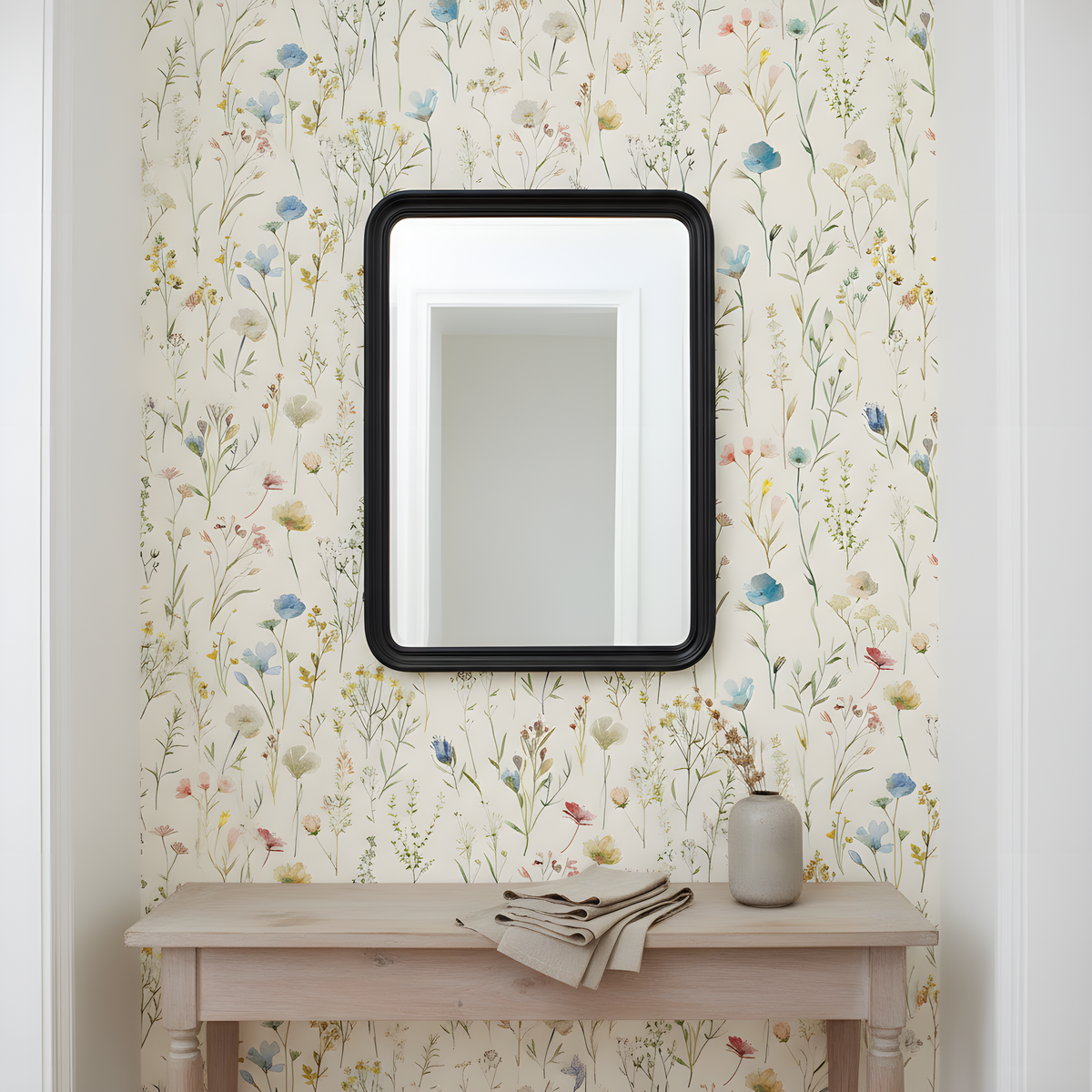 Beige Wildflower Wallpaper | Watercolor Floral Pattern, Blue Yellow Botanical Peel and Stick Wallpaper, Neutral Bedroom Nursery Decor