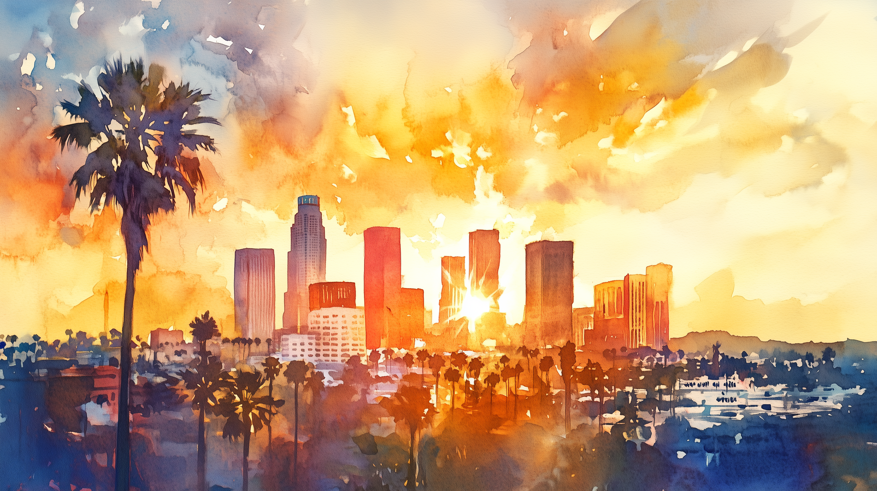 Los Angeles Sunset Mural, Peel and Stick Watercolor City Wallpaper, Los Angeles Downtown Art, California Iconic View Wall Decor