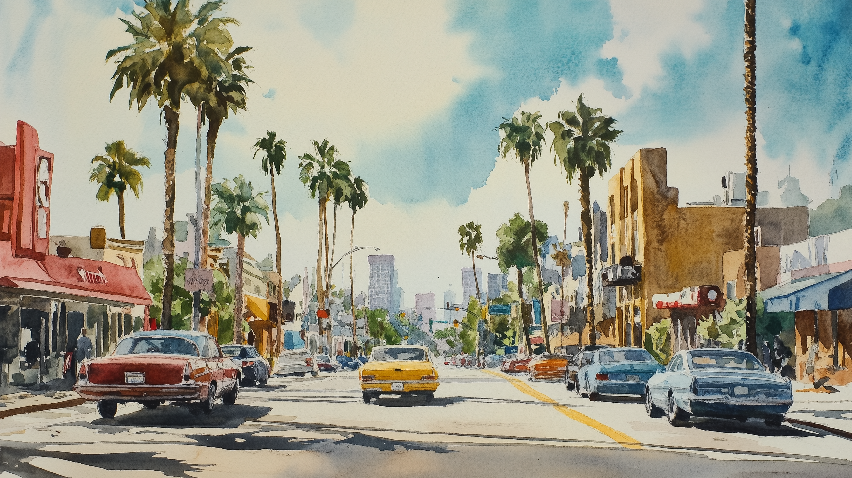 Los Angeles 60th Wallpaper, Peel and Stick Retro Cars in California, Watercolor Los Angeles Street Old Photo Wallpaper