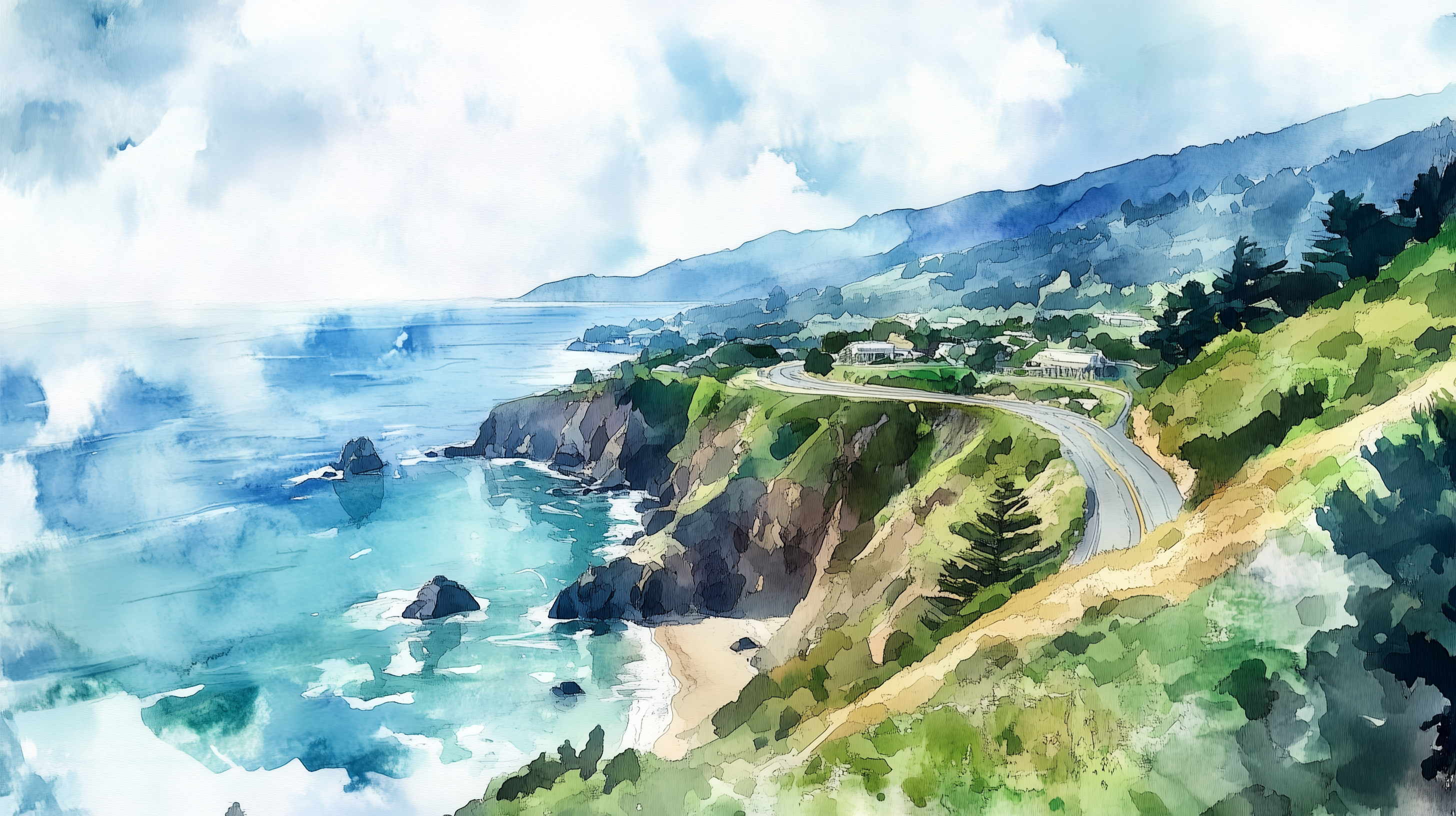 Pacific Coast Highway Mural, Peel and Stick Watercolor California Ocean Wallpaper, Coastal Road Wall Art