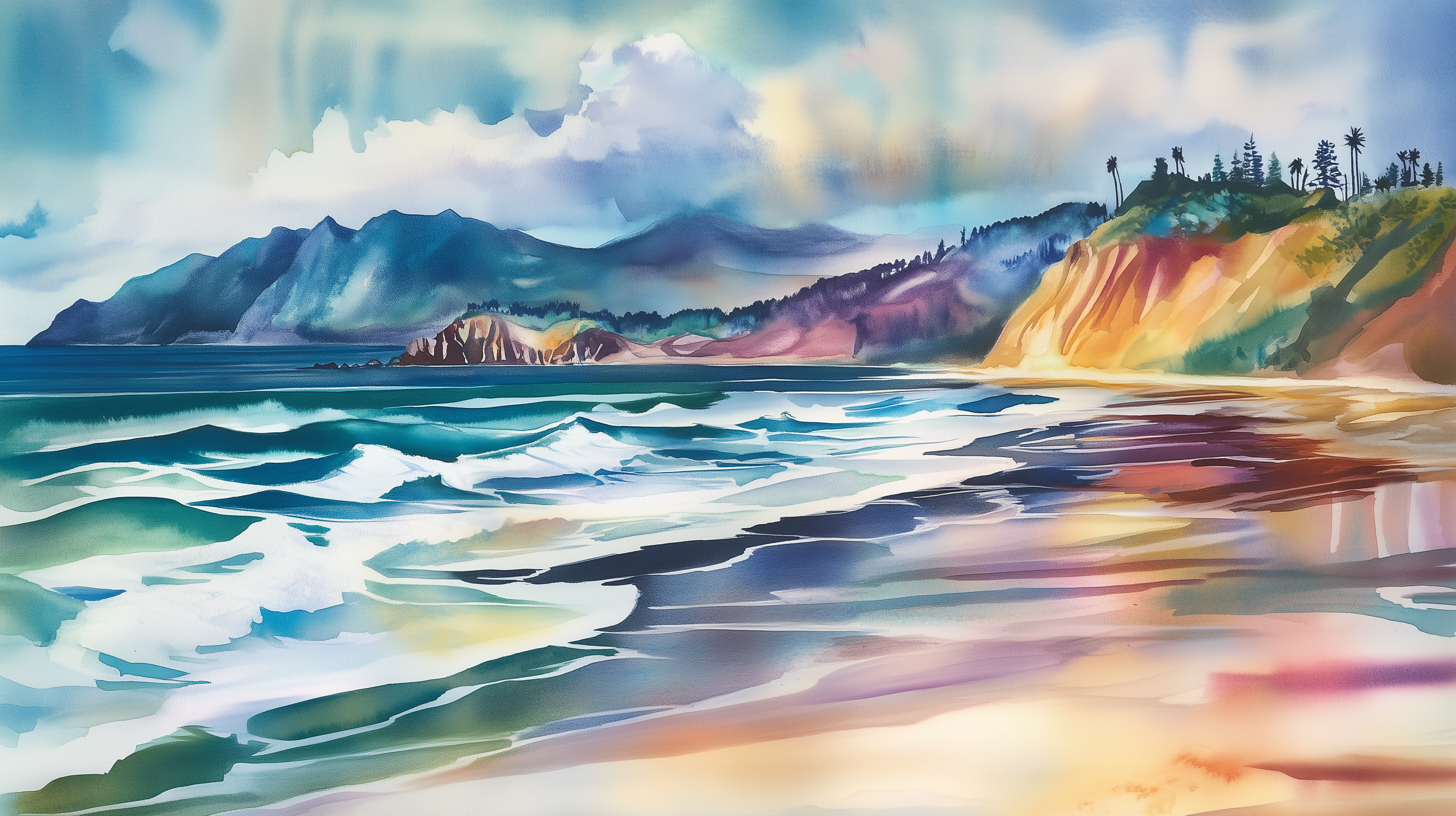 Colorful Beach Wallpaper, Peel and Stick California Coastal Mural, Removable Ocean Wall Art, Watercolor Beach and Mountains Decor