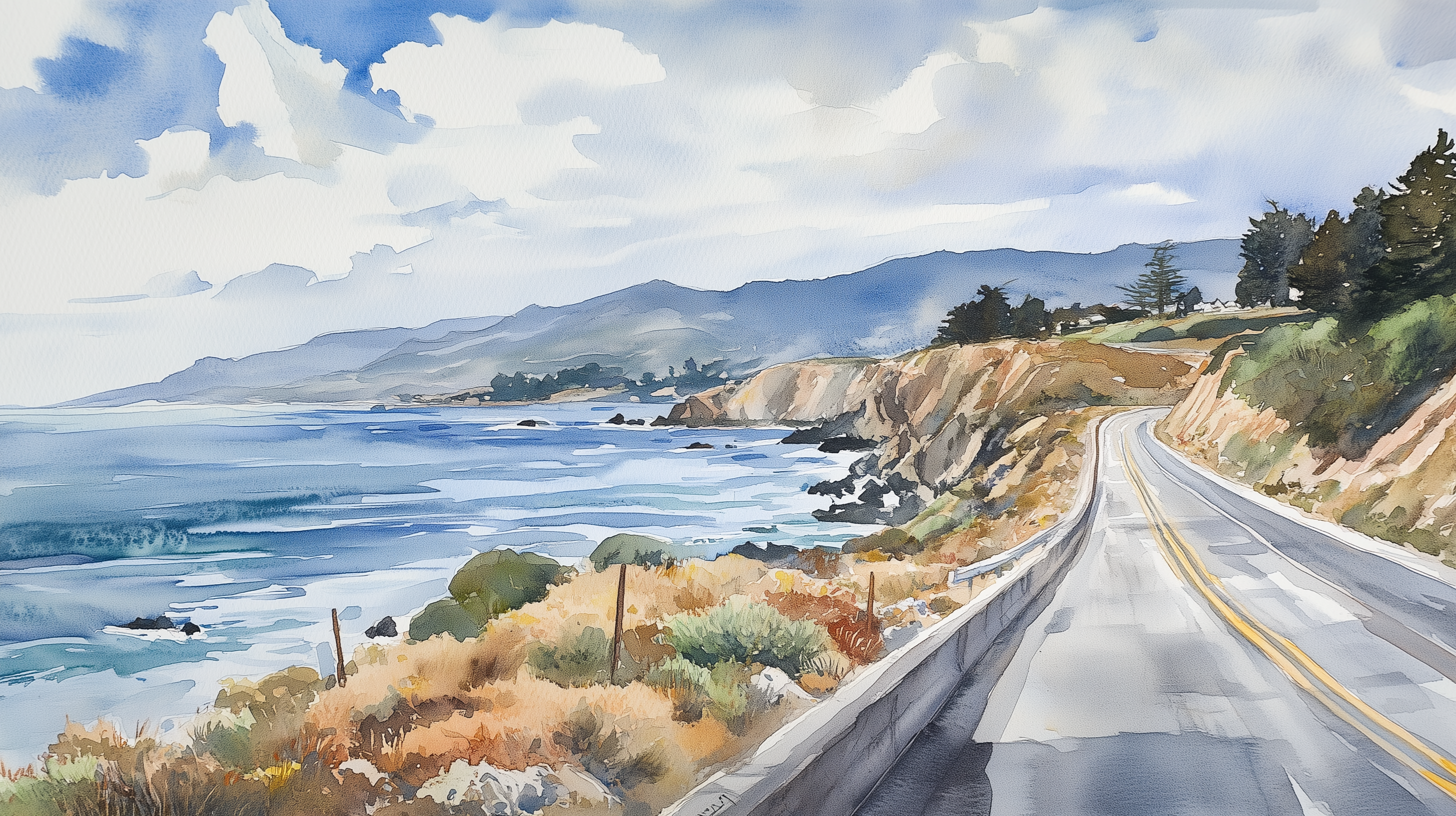 Watercolor Coastal Road Mural, Peel and Stick Breathtaking Ocean View Wallpaper, California Pacific Coast Highway Art
