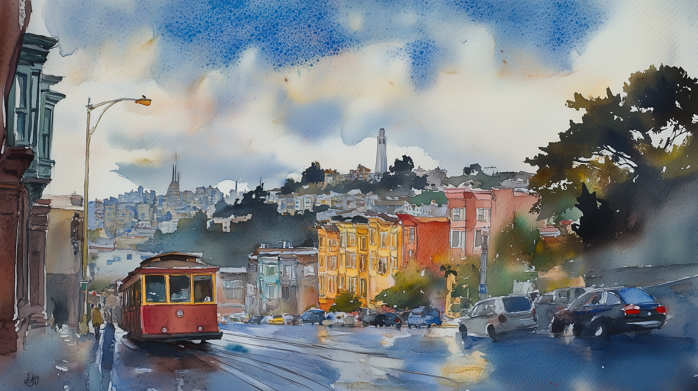 San Francisco Iconic View Mural, Peel and Stick City Landscape Wallpaper, Watercolor Colorful Tram in San Francisco Decor