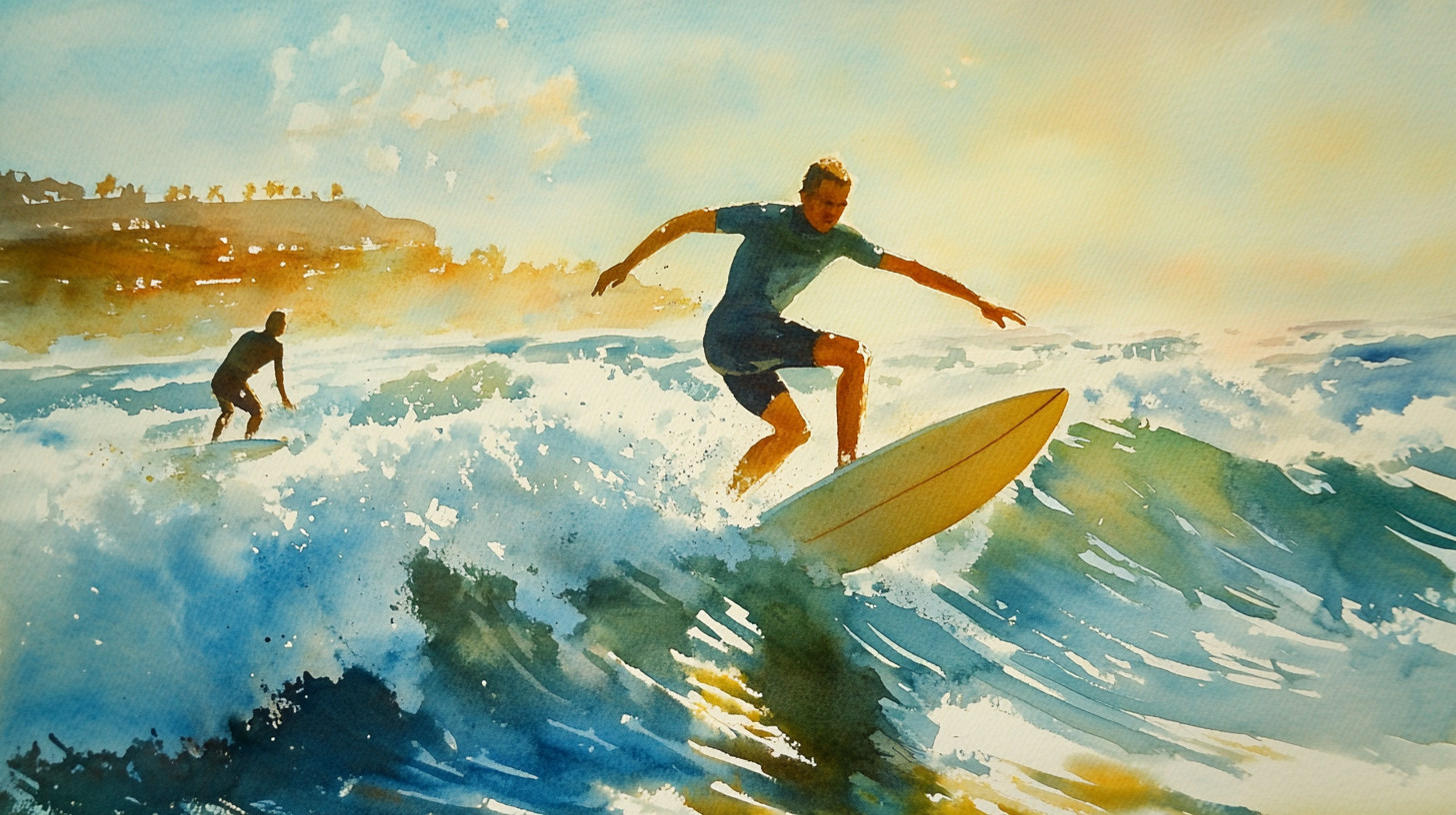 Surfers Wall Mural, Peel and Stick California Ocean Waves Wallpaper, Watercolor Surfers Coastal Art, Nautical Wallpaper