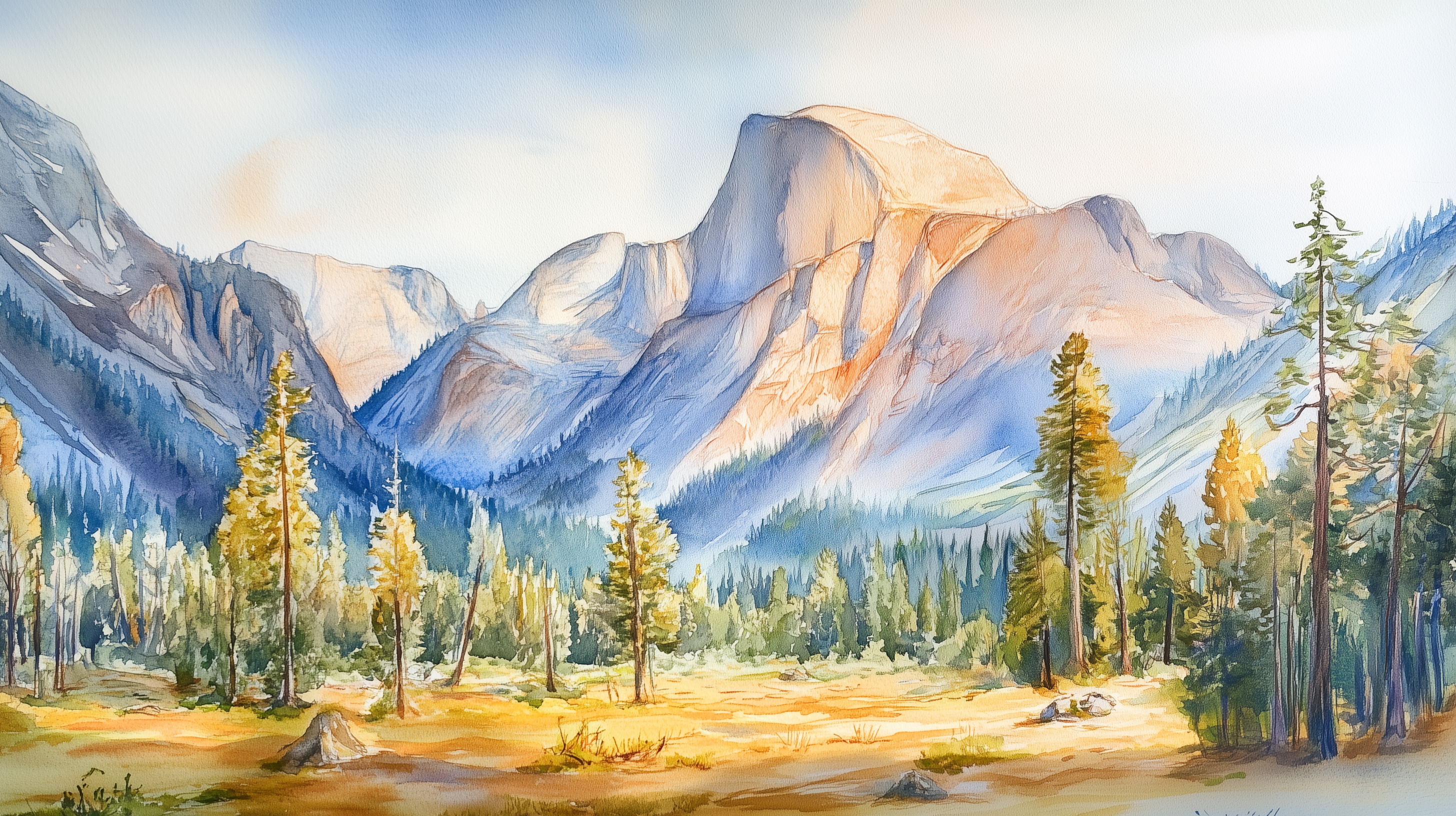 Yosemite Park Wall Mural, Peel and Stick California Rock Mountains Wallpaper, Watercolor National Part Pine Forest Decor