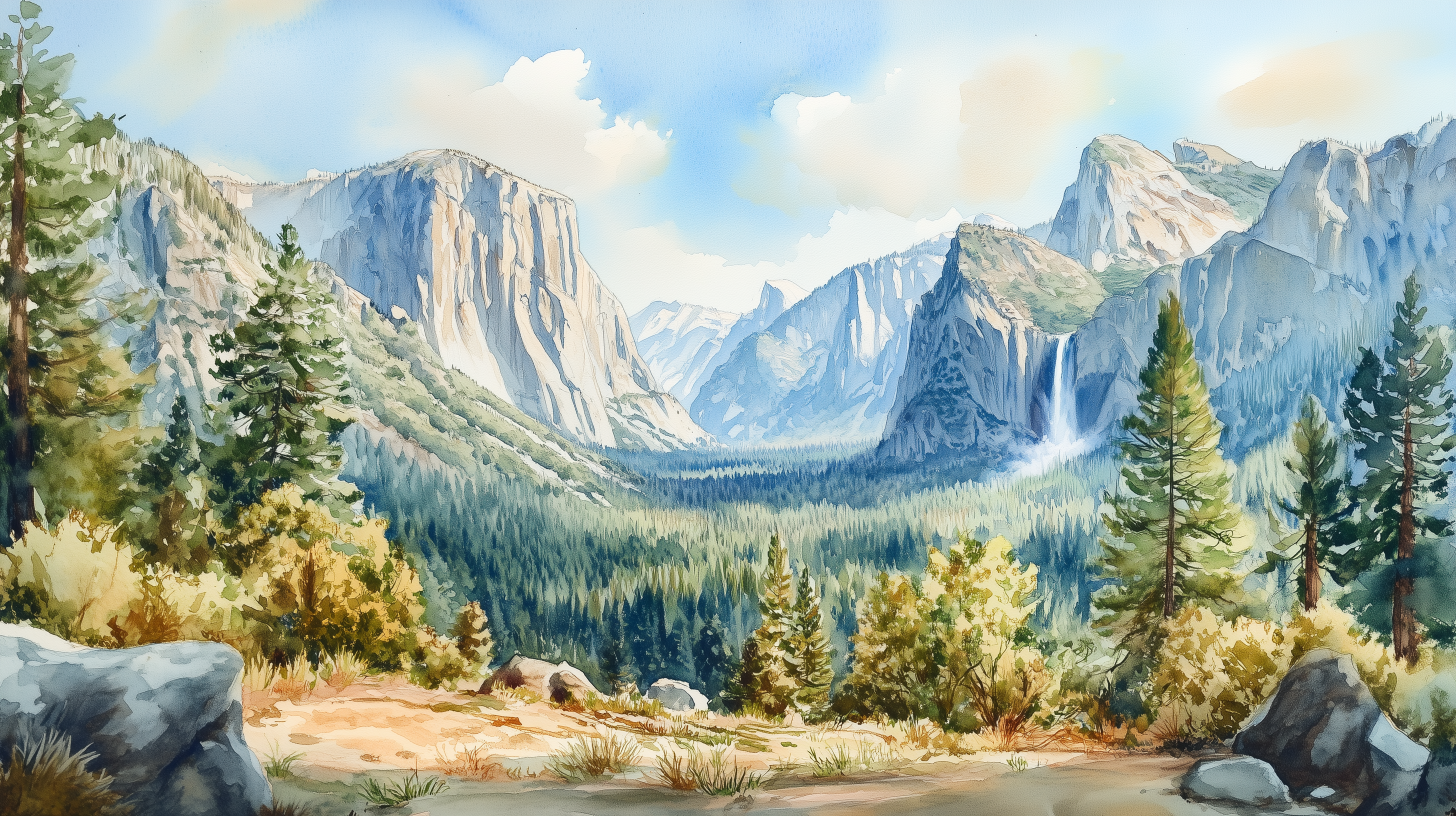 Watercolor Mountain Valley Mural, Peel and Stick National Park Wallpaper, Removable Yosemite Park Scenic Wall Decor