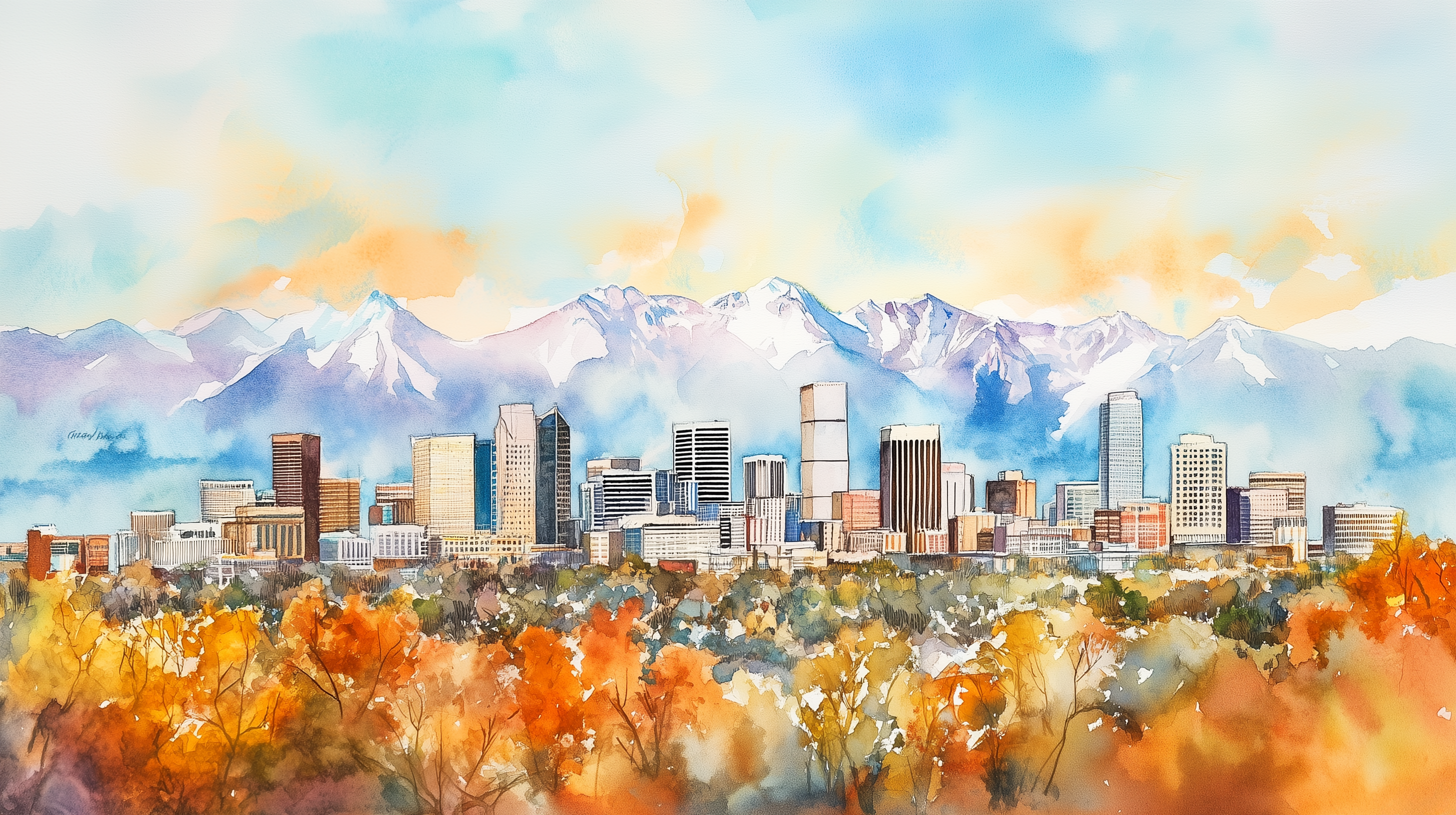 Denver Downtown Wall Mural, Peel and Stick Autumn Forest City and Mountains Wallpaper, Colorado Scenic Landscape Art
