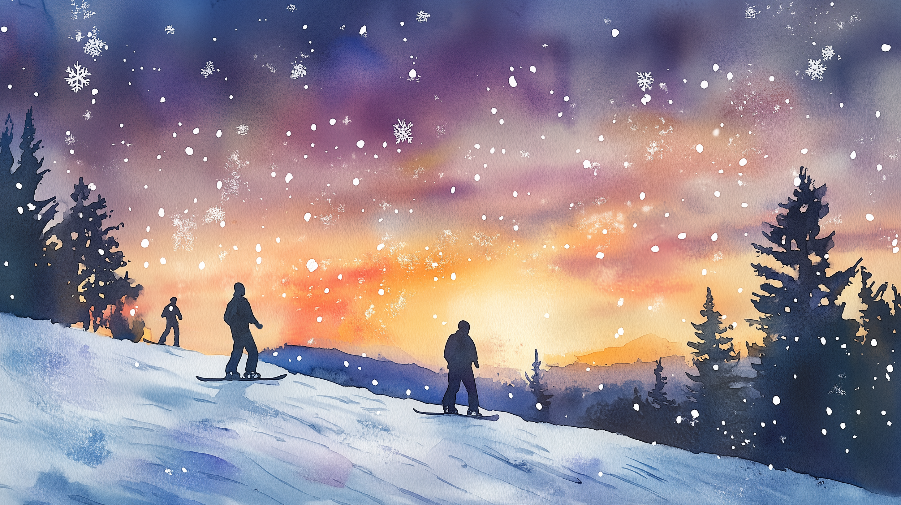 Snowboarders on the Slope Mural, Peel and Stick Snowy Night Wallpaper, Colorado Winter Mountain Slopes Dark Decor
