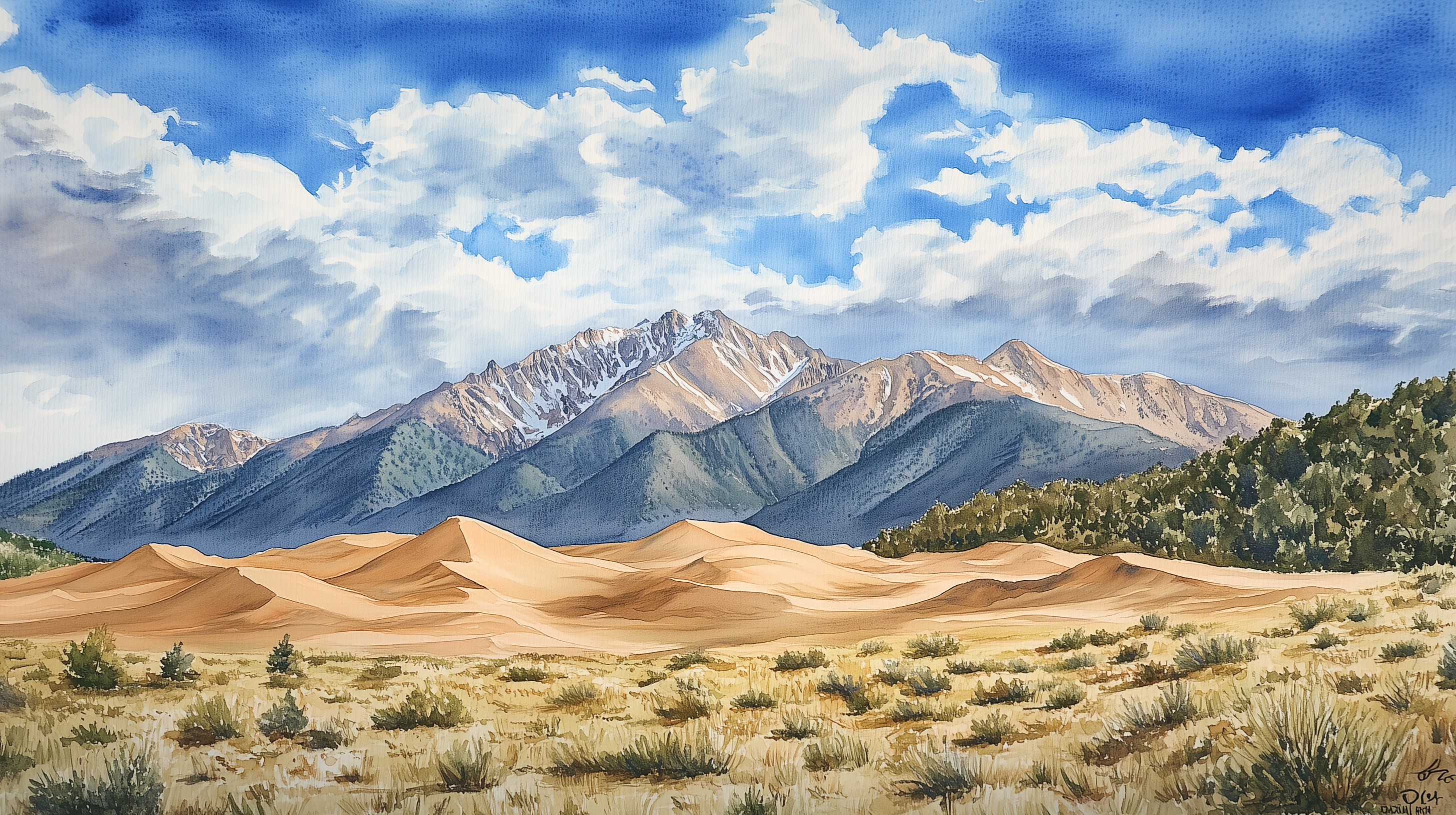 Colorado Sweeping Sand Dunes Mural, Peel and Stick Mountains Wallpaper, Watercolor Landscape Accent Wall Art