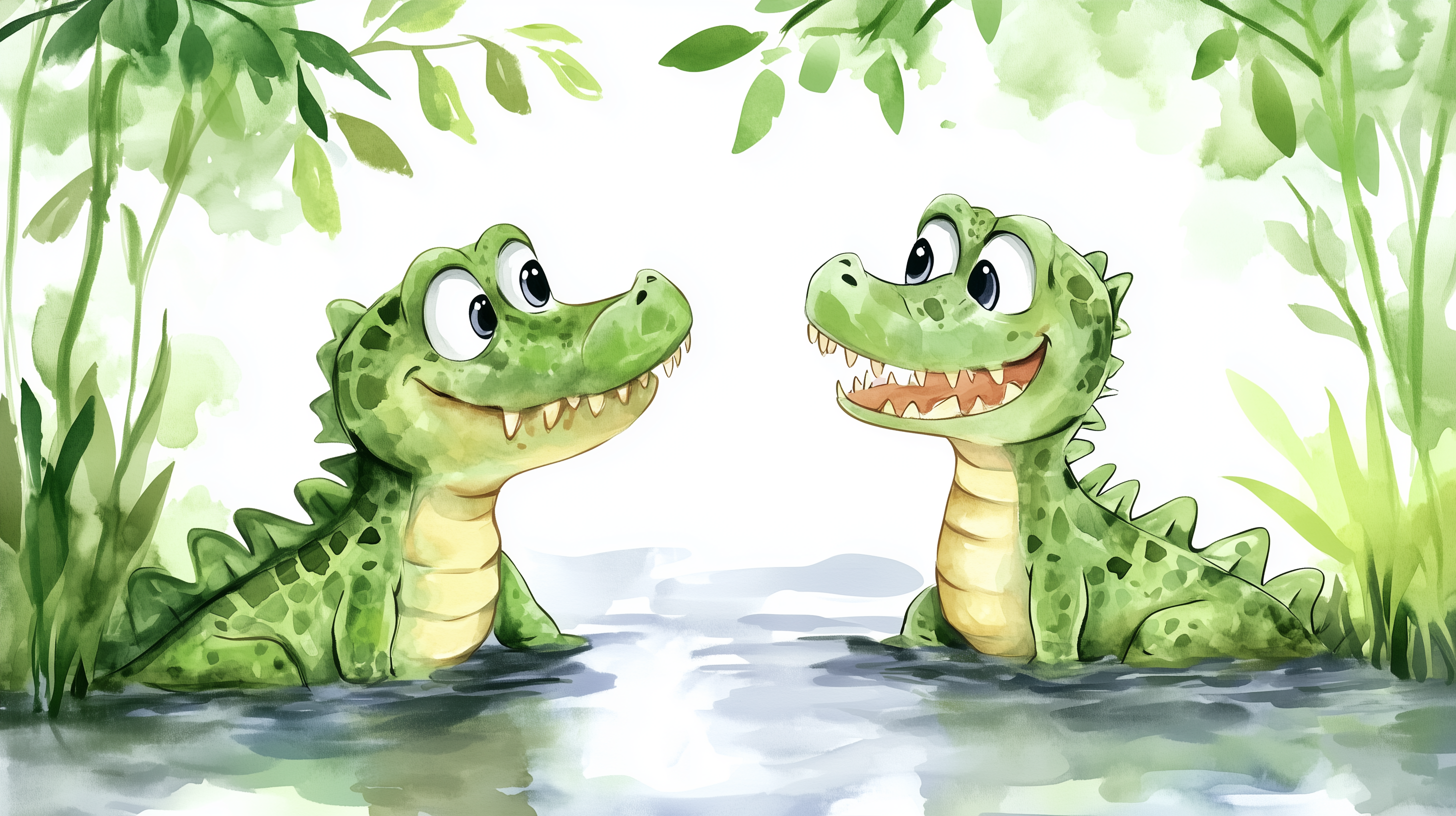 Cute Crocodiles Wall Mural, Peel and Stick Cartoon Style Alligators in the River Wallpaper, Nursery Watercolor Animals Art