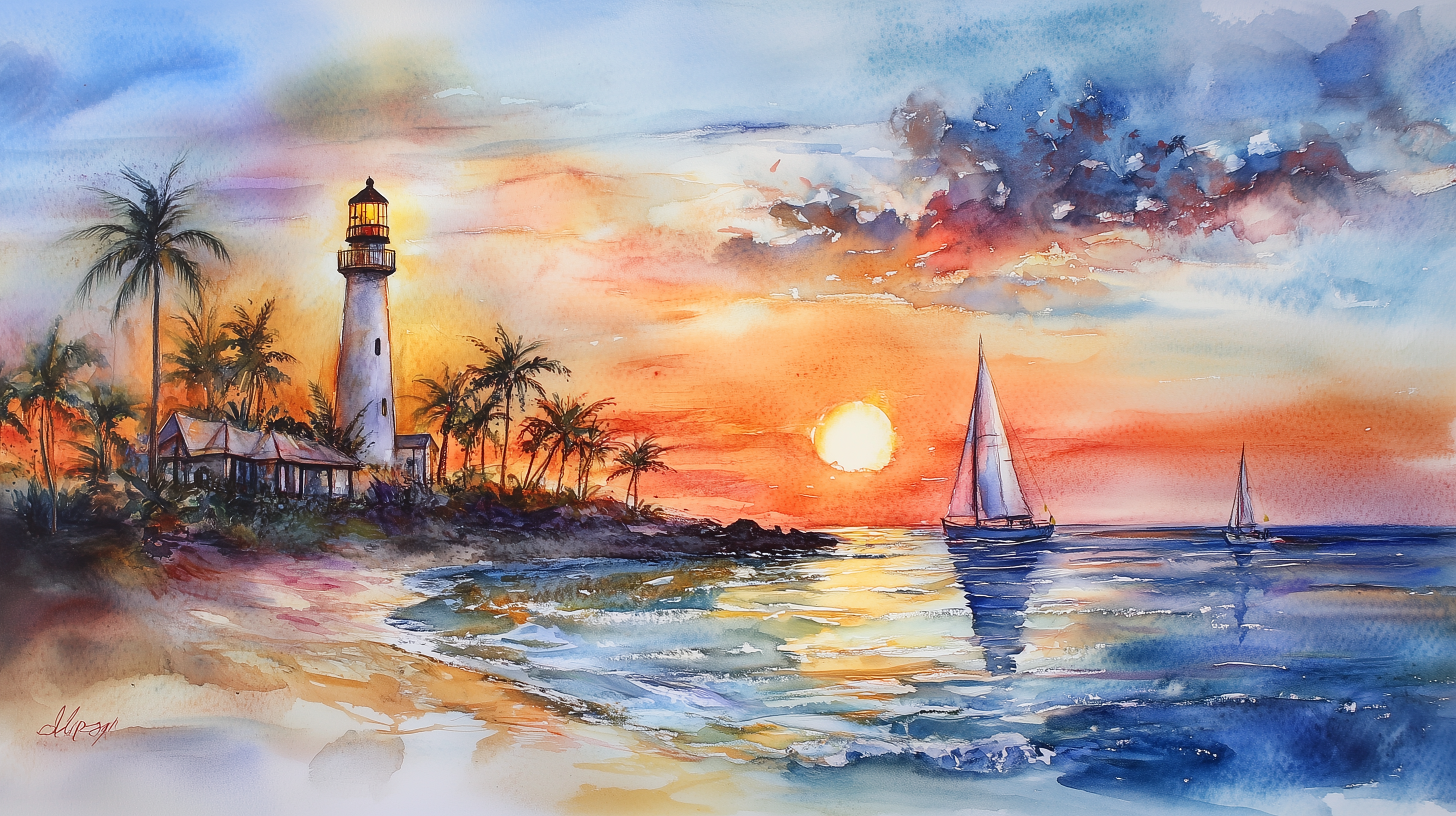 Florida Beach Lighthouse Wall Mural, Peel and Stick White Sailboat Wallpaper, Colorful Coastal Mural, Watercolor Ocean Sunset Art