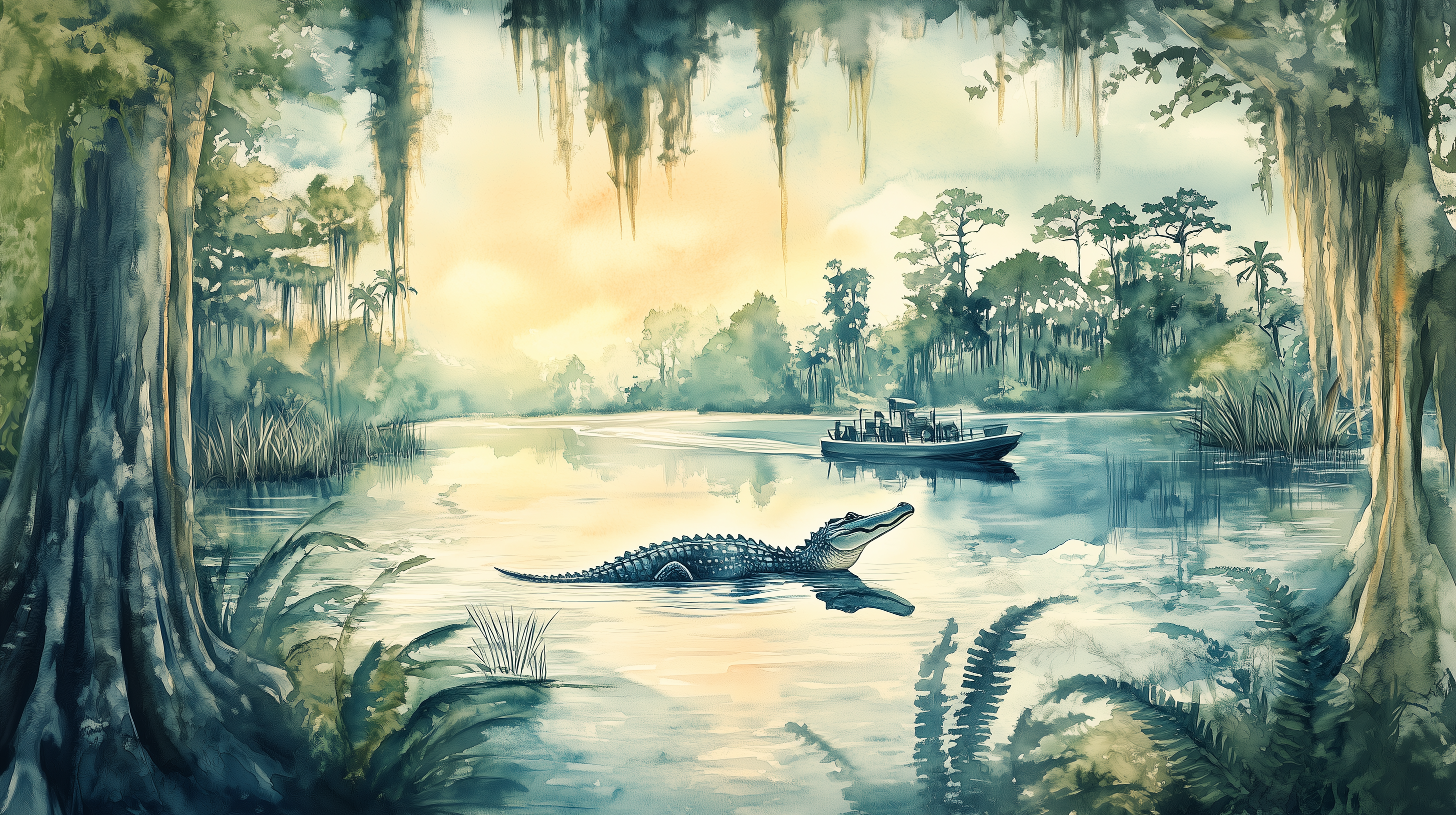 Vintage Scenic River Wall Mural, Peel and Stick Alligators in Wild Nature Wallpaper, Florida Jungle River Wall Mural