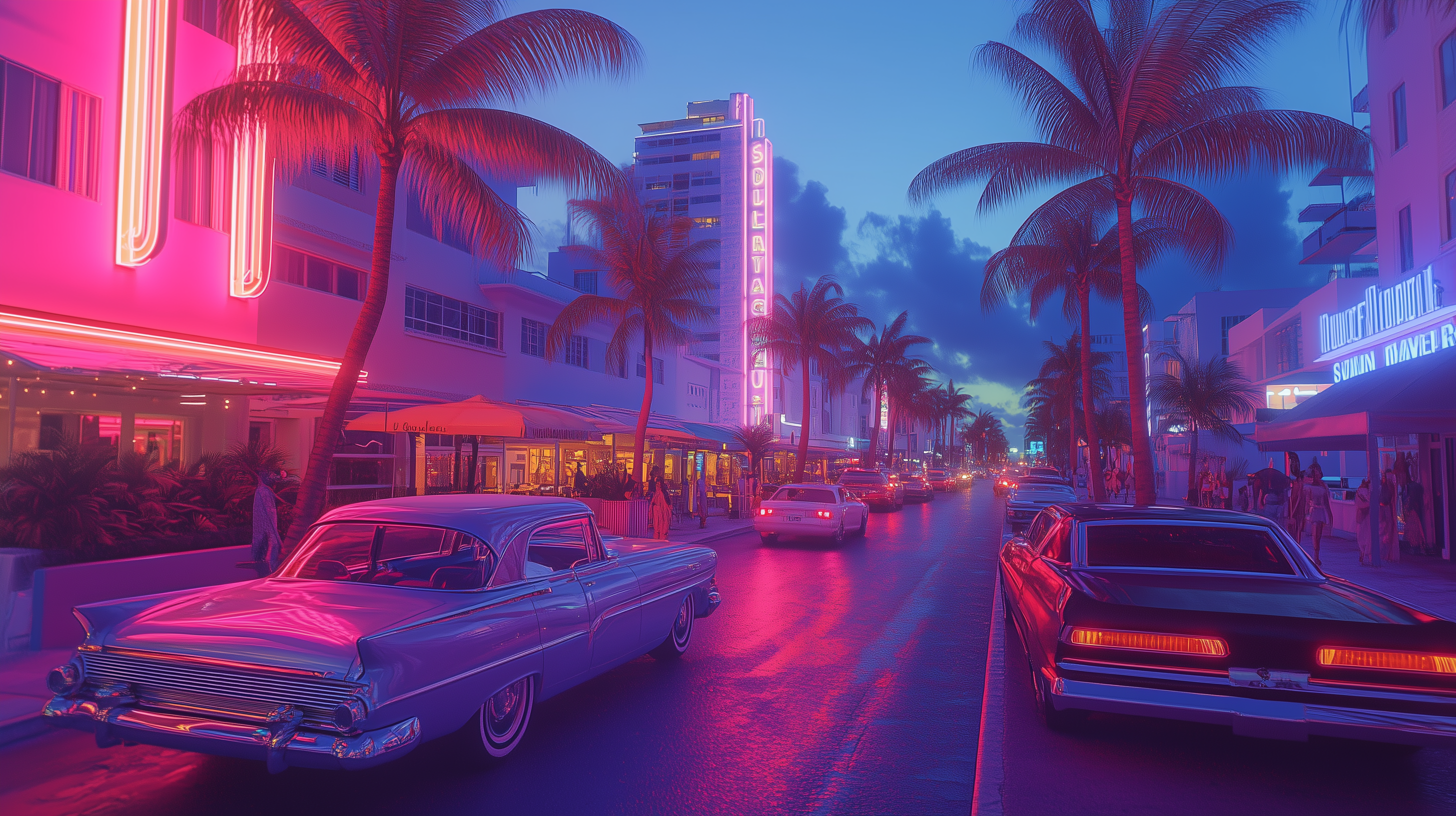 South Beach Florida Mural, Peel and Stick Neon Style Miami Street Wallpaper, Retro Cars in Miami Wall Art